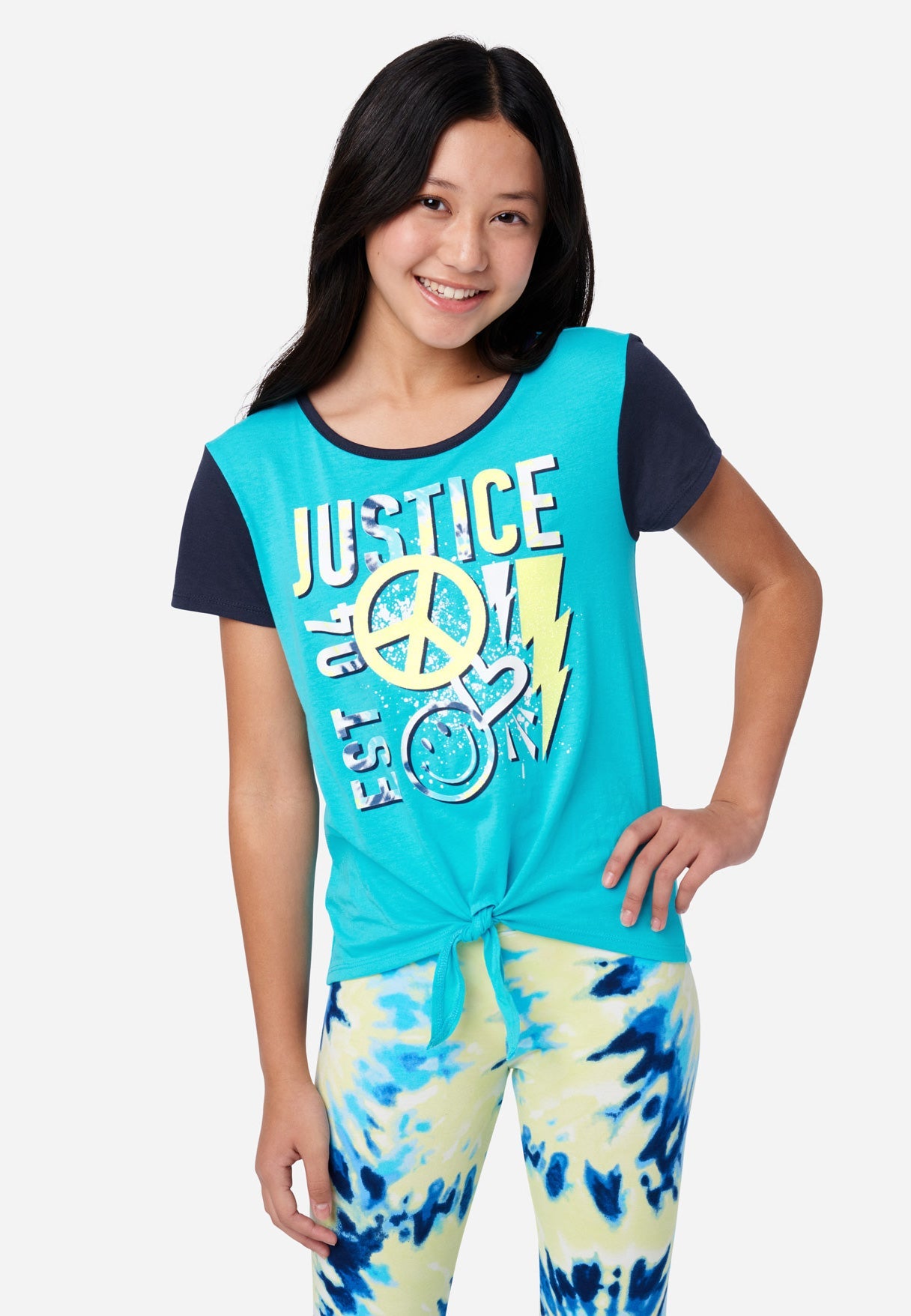 Justice Tie Front SS Graphic Girl's Tee in Noal Turquoise, Size Small (7/8)