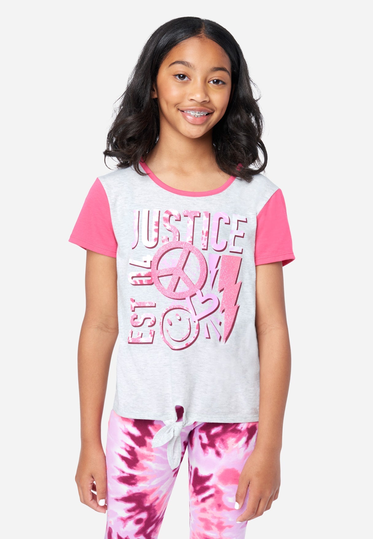 Justice Tie Front SS Graphic Girl's Tee in Pearl Heather Cherryade, Size M Plusus (10 Plus)