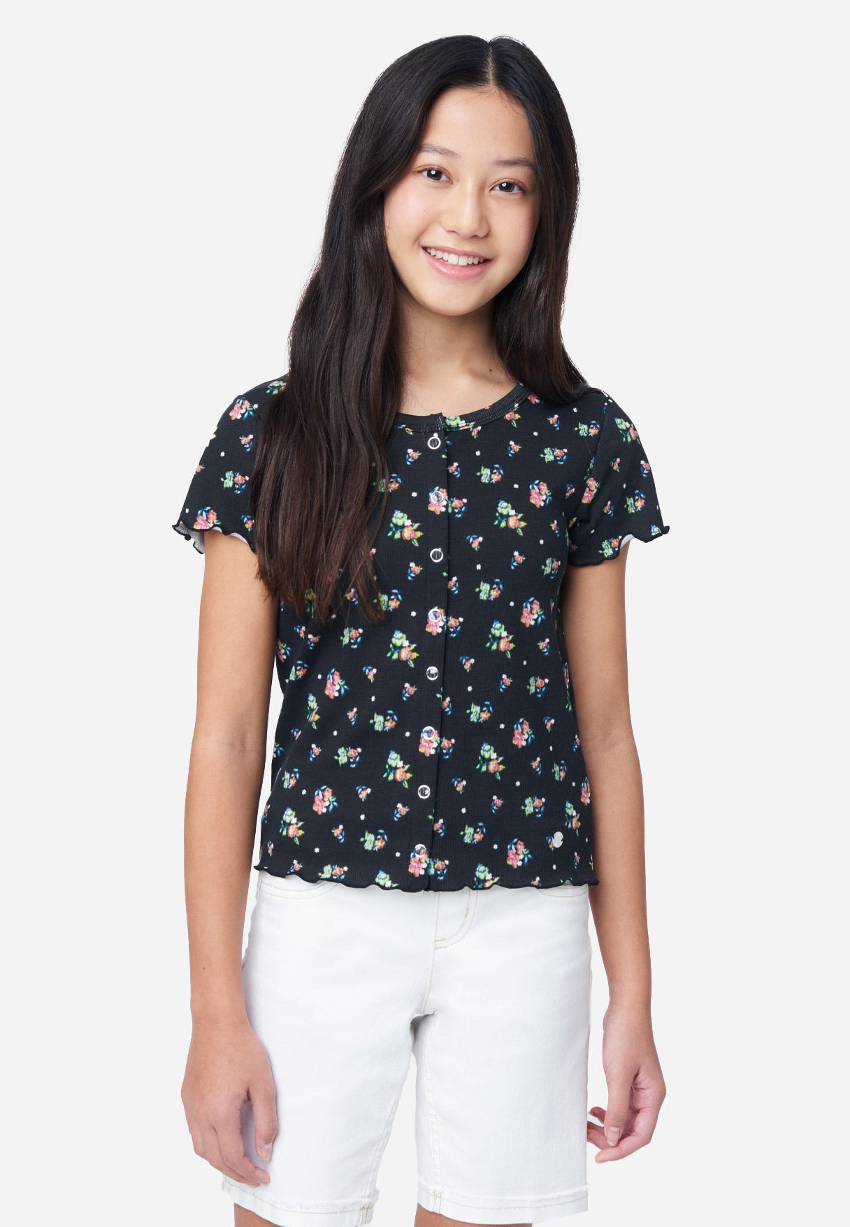 Justice Patterned Button-Up Girl's Tee in Black Floral, Size Medium (10)