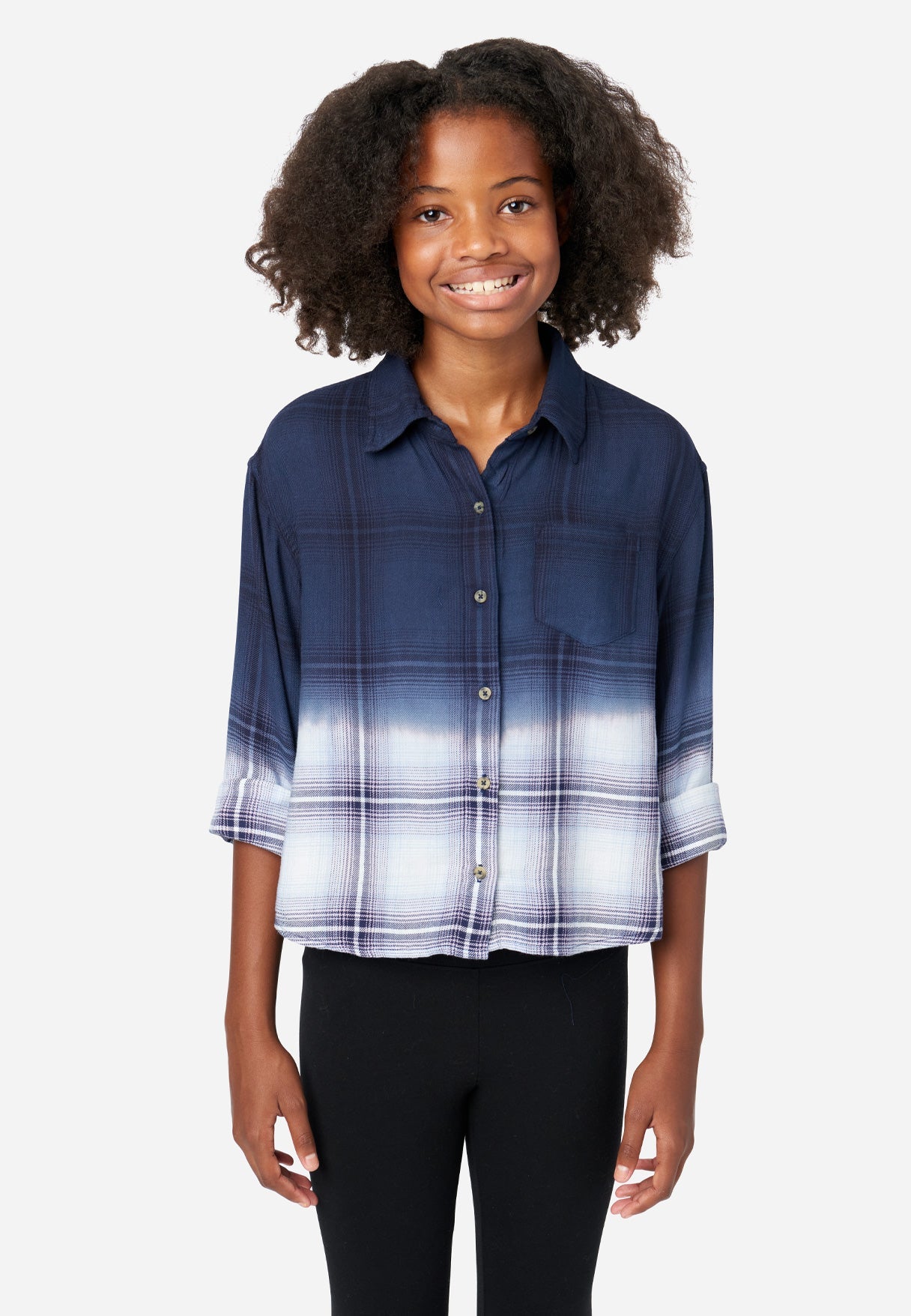 Justice Girl's Dip Dye LS Plaid Button Up in French Navy, Size Large (12/14)