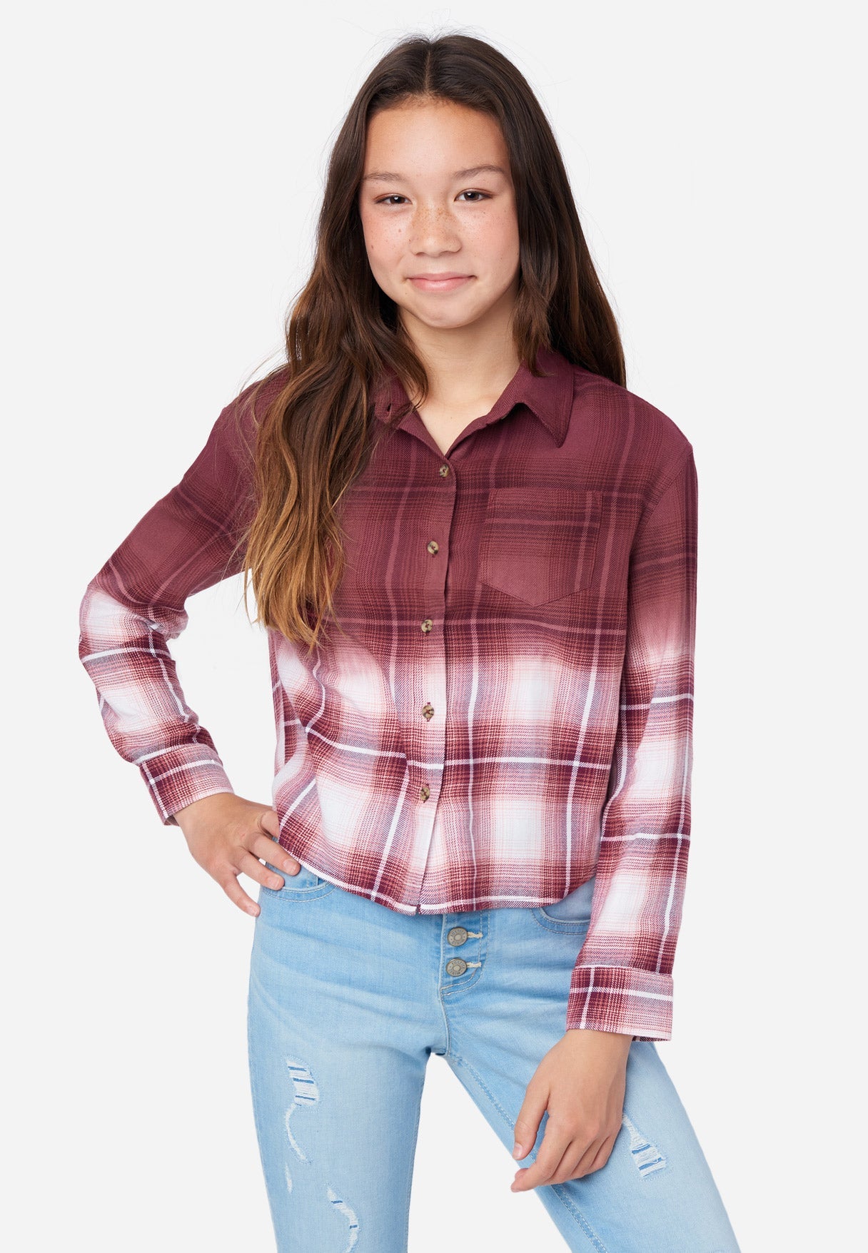 Justice Girl's Dip Dye LS Plaid Button Up in Rose Train, Size Medium (10)