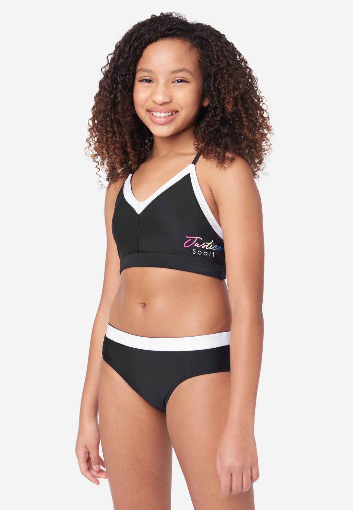 Justice J Sport Reversible Color Block Girl's Bikini Swim Set in Black, Size M Plusus (10 Plus)