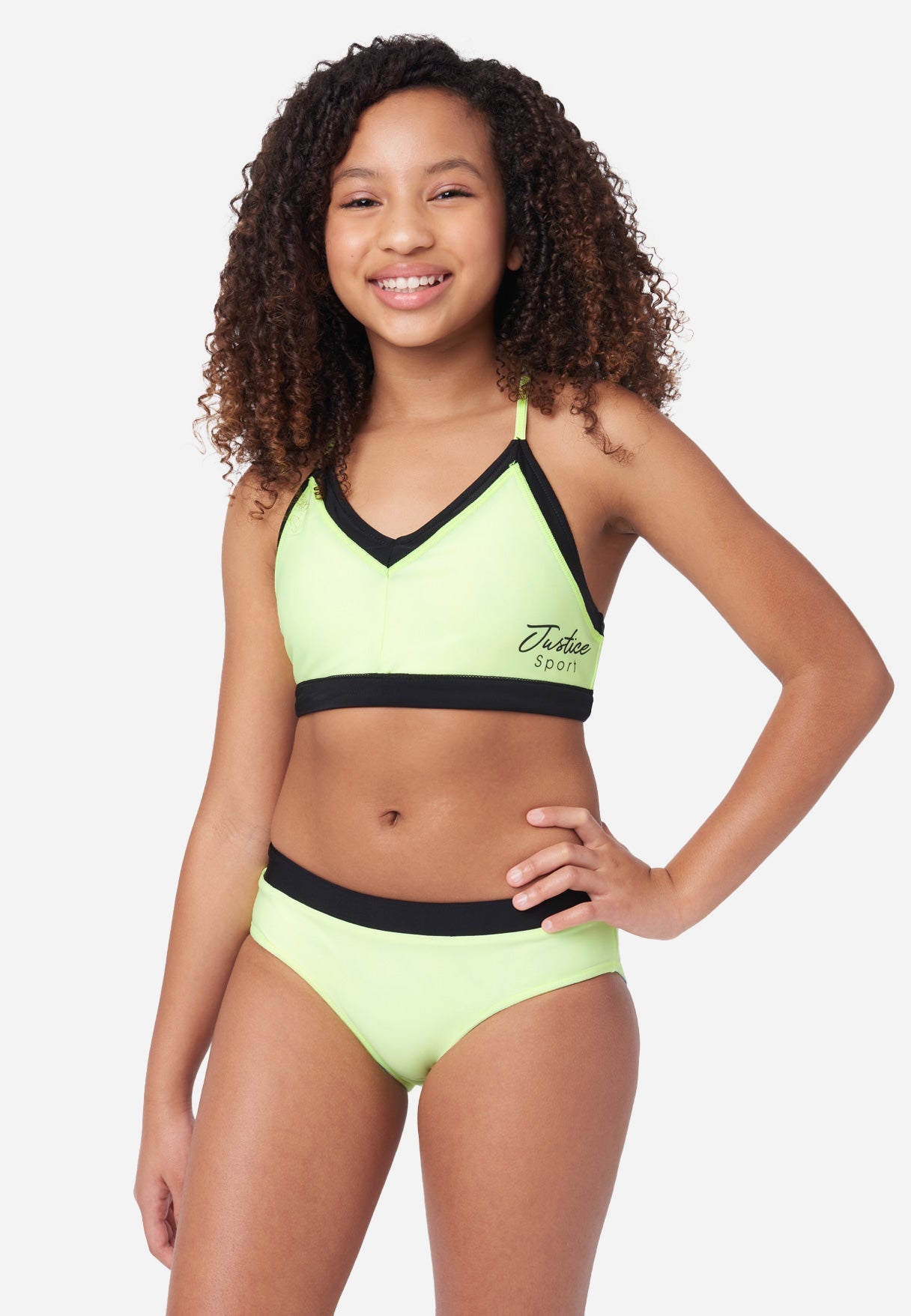 Justice J Sport Reversible Color Block Girl's Bikini Swim Set in Electric Lime Poly, Size Xs (5/6)