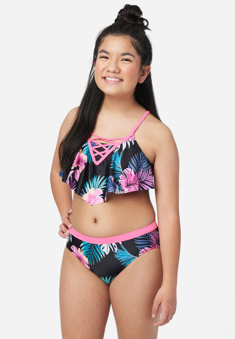 Floral Lace-Up Bikini Girls Swim Set
