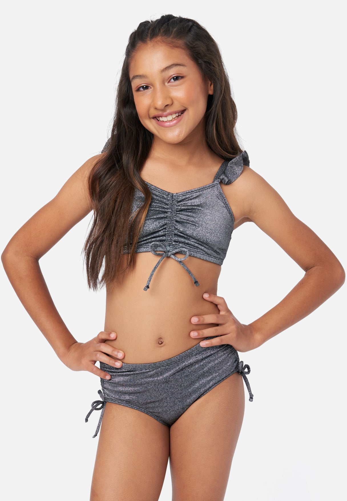 Justice Patterned Ruched Girl's Bikini Swim Set in Black, Size Medium (10)