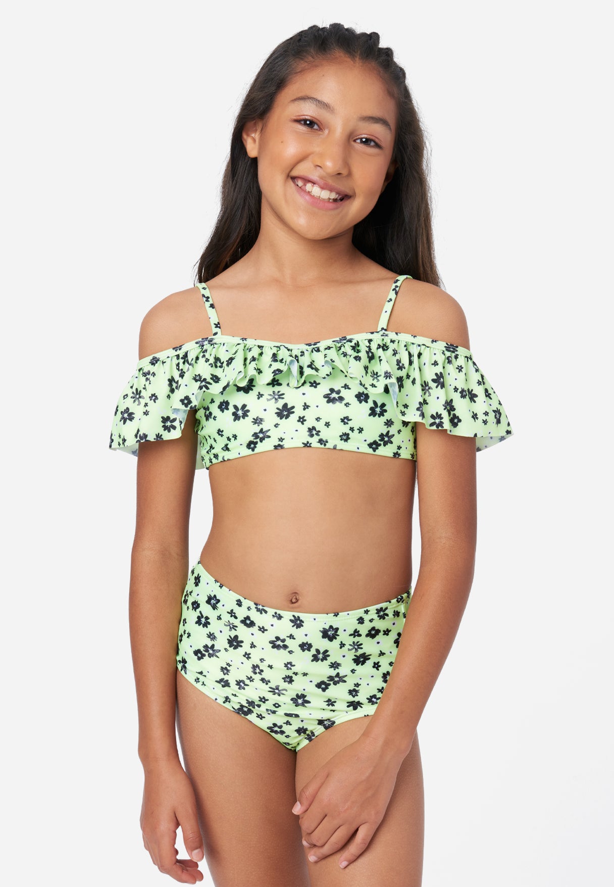 Justice Girl's Floral Off-Shoulder Bikini Swim Set in Electric Lime Poly, Size Small (7/8)