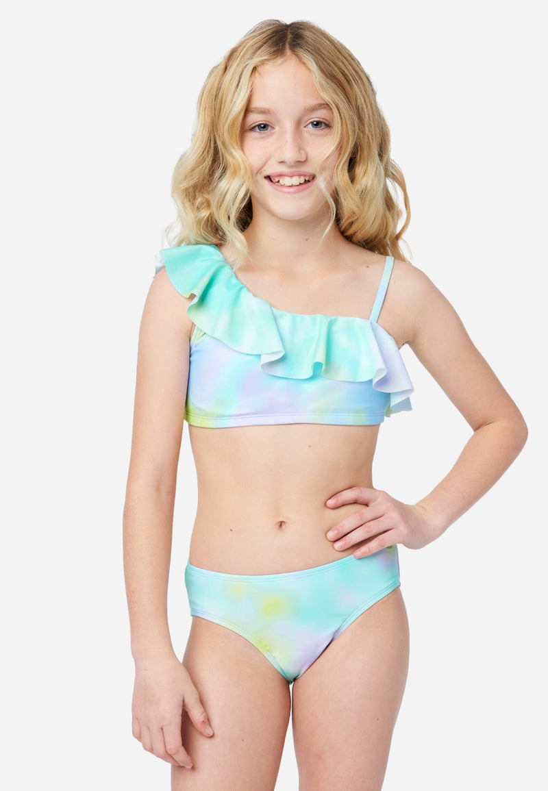 Tie-Dye Ruffle Asymmetrical Girls Bikini Swim Set