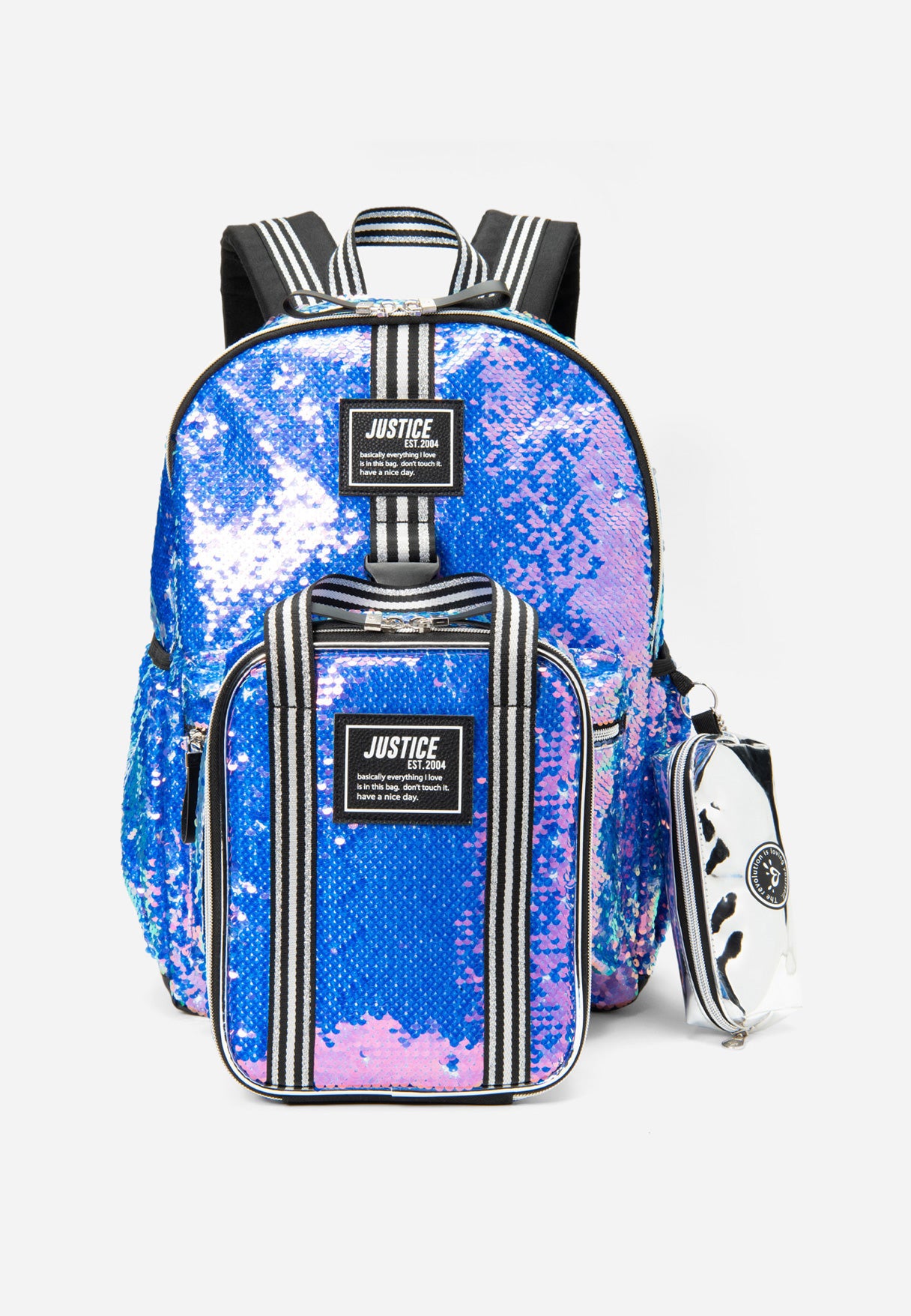 Justice Girl's Sequin Striped Backpack Set in Multi Iridescent, Size One Size