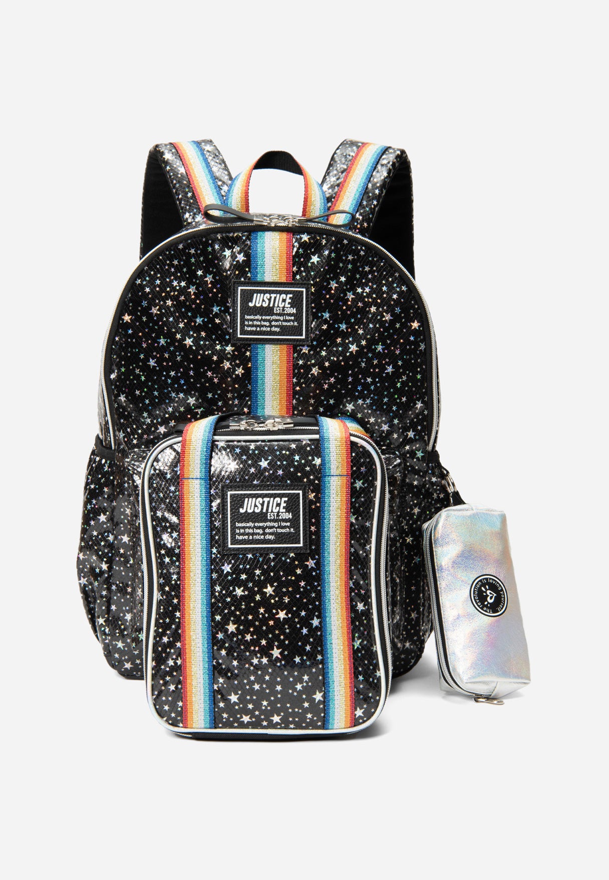 Justice Girl's Star Patterned Striped Backpack Set in Black Stars, Size One Size