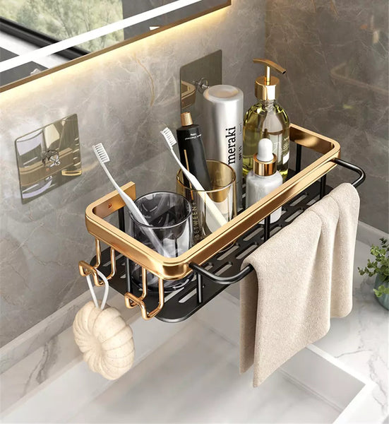 Luxury Bathroom Shelf Brushed Gold Shower Storage Organizer Rack With Towel  Rack