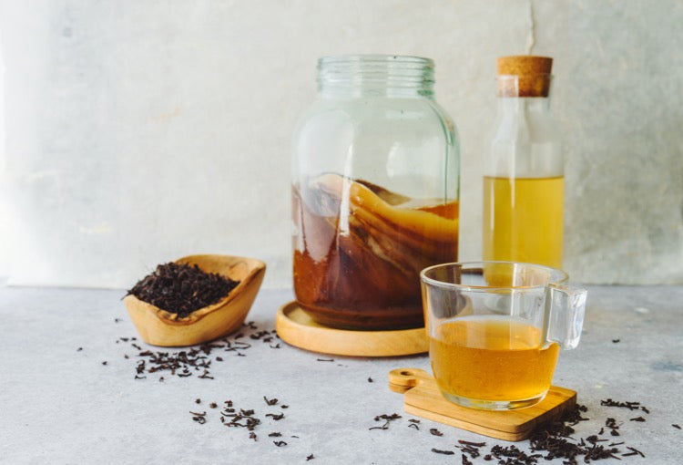 Kombucha mit Scoby Aufbewahrungsglas Flasche Glas Kombucha Zitronenscheibe Arbeitsplatte mit Tee dekoriert