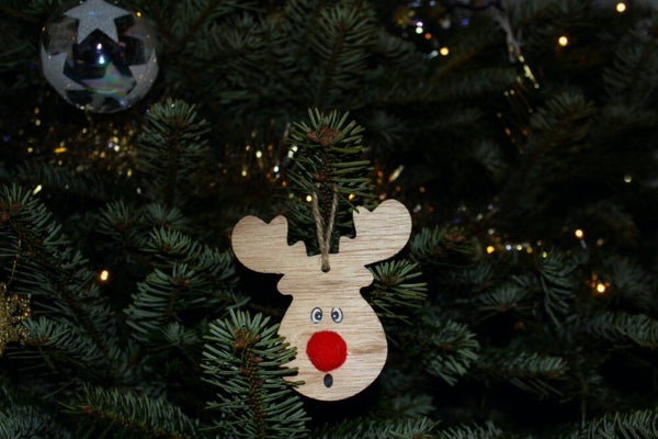 Pendentif sapin de Noël en bois Retier nez rouge