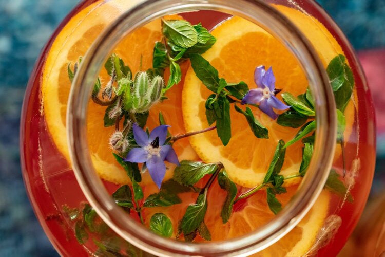 Close-up top view Kombucha drink lemon slices herbs flowers