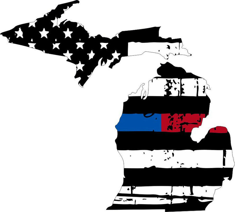 Thin Blue line decal - State of Michigan Blue/Red Line Tattered Flag Decal - Powercall Sirens LLC