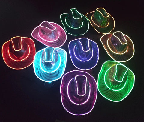 Light Up Flashing EL Wire Sequin Cowboy Hats