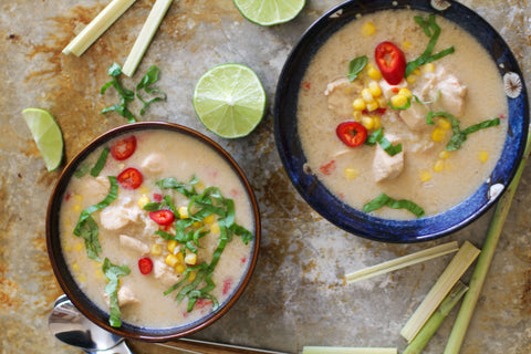 Chicken Lemongrass Basil Soup in Bowls