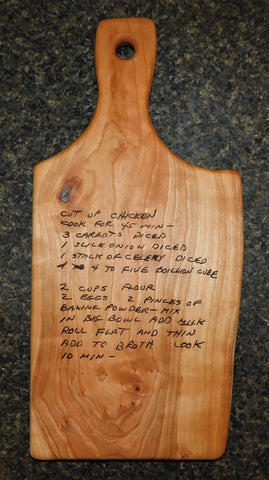 Special handwritten recipe engraved on a handcrafted cutting board handcrafted and engraved by Springhill Millworks using locally sourced hardwood in Michigan.
