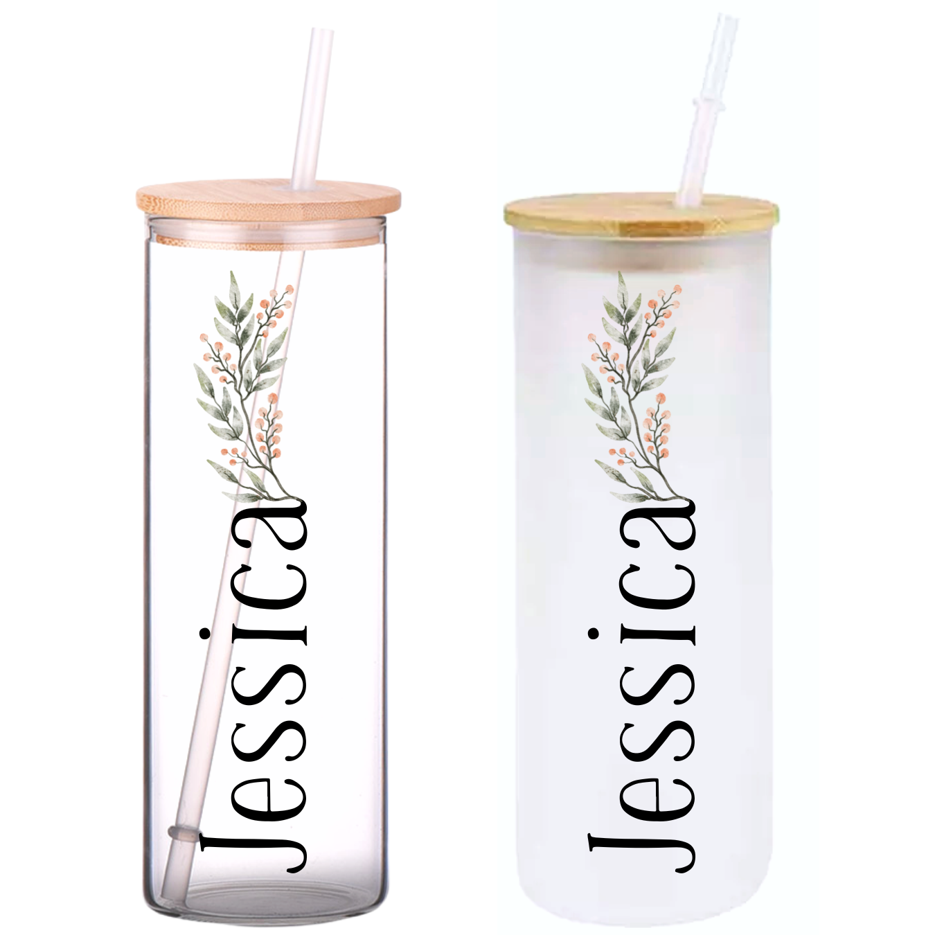 Green Foliage Initials 25oz Glass Tumbler with Bamboo Lid & Straw for Iced  Coffee & Beverages