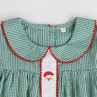 Embroidered Santa Collared Dress - Christmas Green Mini Gingham - Stellybelly