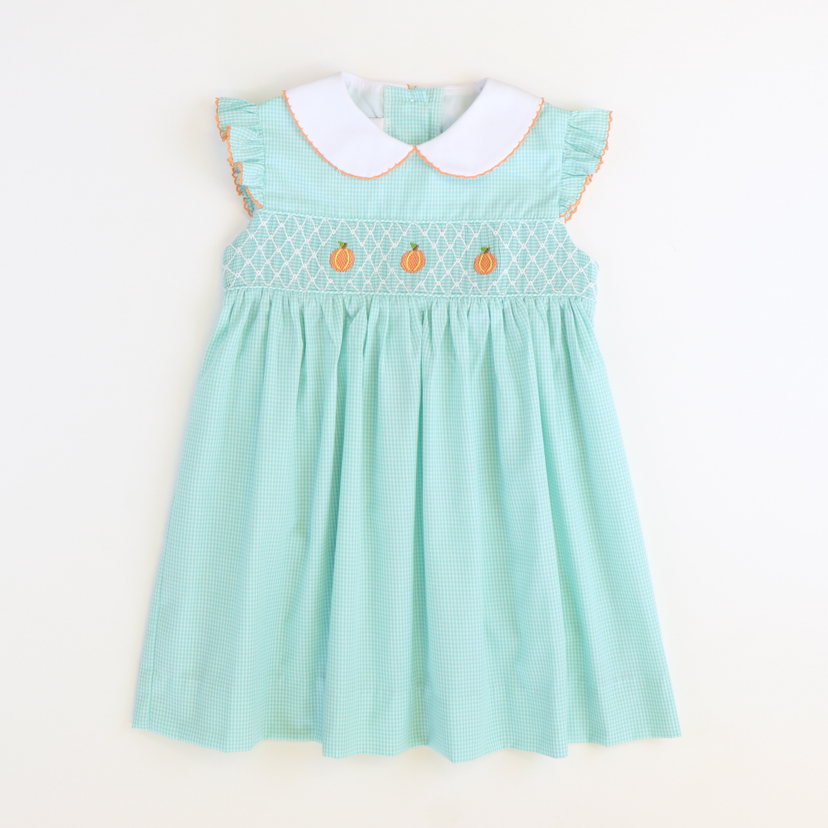 Smocked Geo Pumpkins Collared Dress - Mint Mini Gingham - Stellybelly