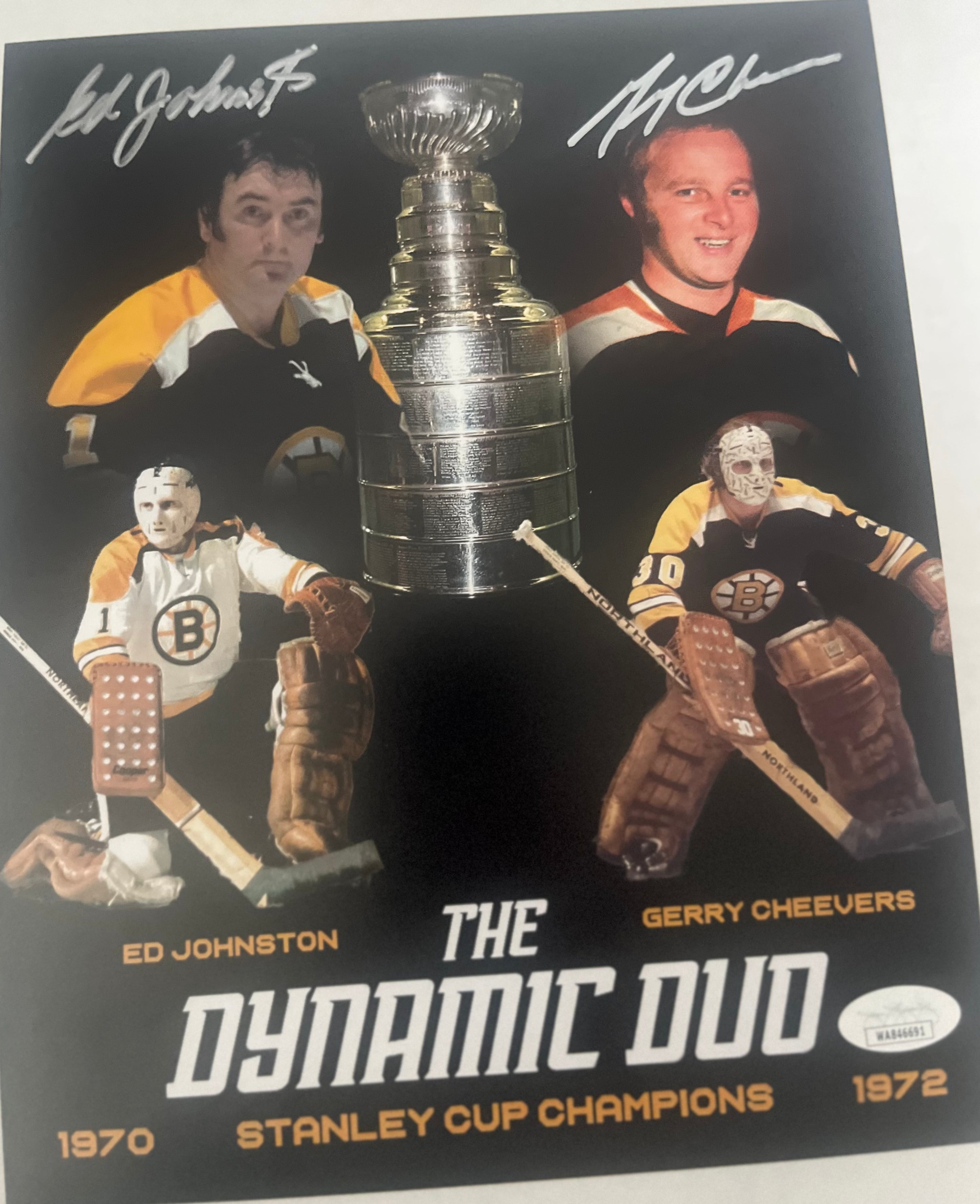Gerry Cheevers & Ed Johnston signed 8x10with JSA Witness Bruins Stanley Cup