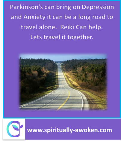 Purple background -Picture Tree Lined Long winding highway road relating to Parkinson's Disease - Offering Reiki Healing to help with depression- with the words spiritually-awoken.com at the bottom