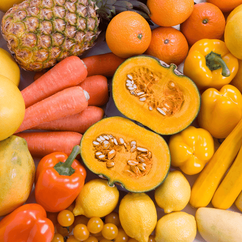 yellow and orange veggies and fruits, eat the rainbow, nutriboom