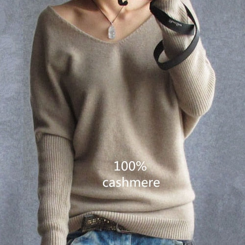Cashmere sweaters women fashion sexy v-neck pullover loose 100% wool b –  Shine Savvy