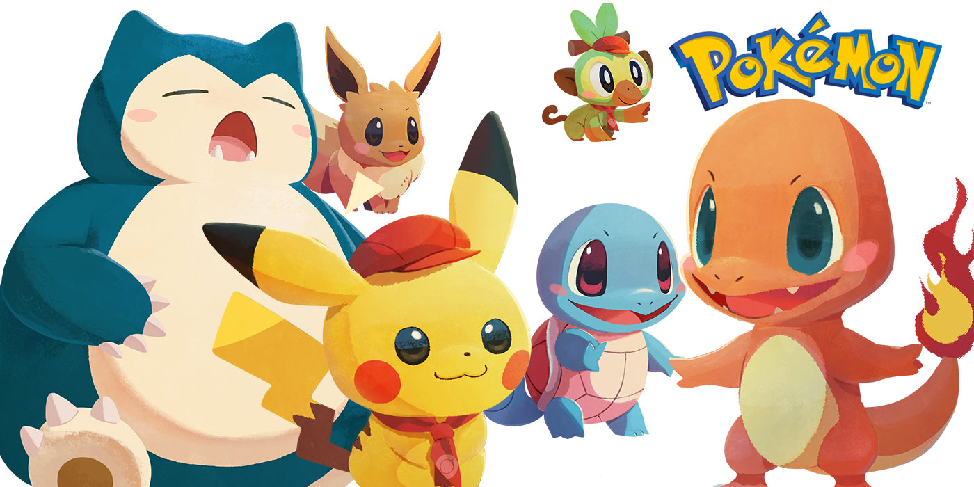 Pokémon charaters Charmander, Snorlax, Grrokey, Eeevee, Squirtle and Pikachu