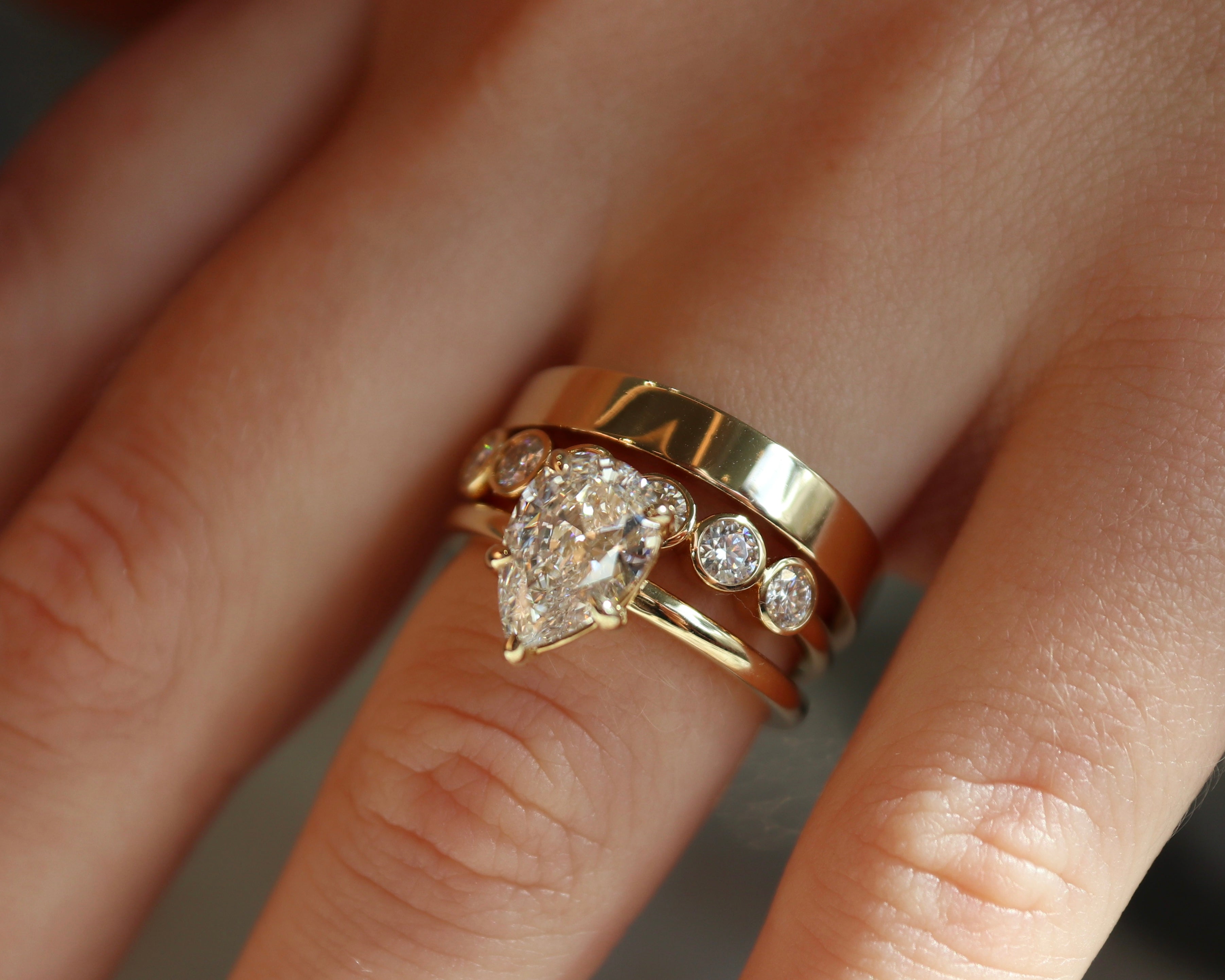 Dream Statement Stack - Pear Cute Cultured Diamond Solitaire, Classic Statement Ring and Round Bezel