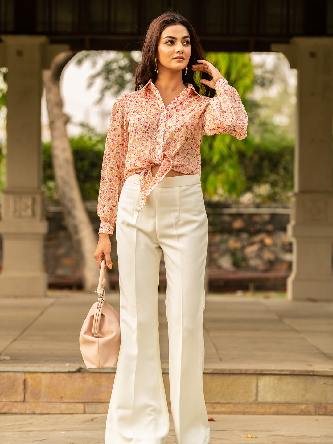 Vintage Floral Top and White Trousers Set