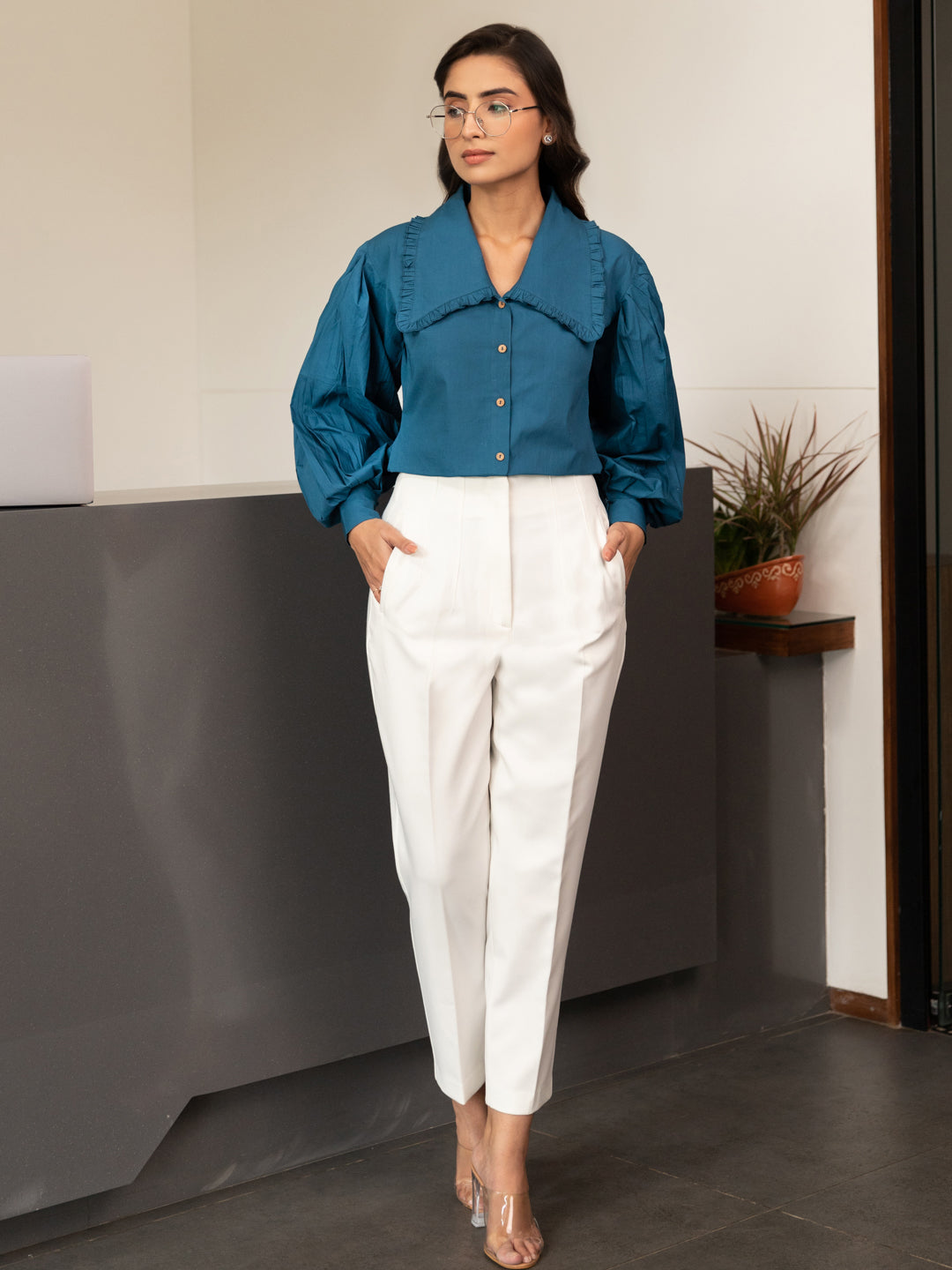 Metallic Blue Silk Shirt and White Trousers Set for Women