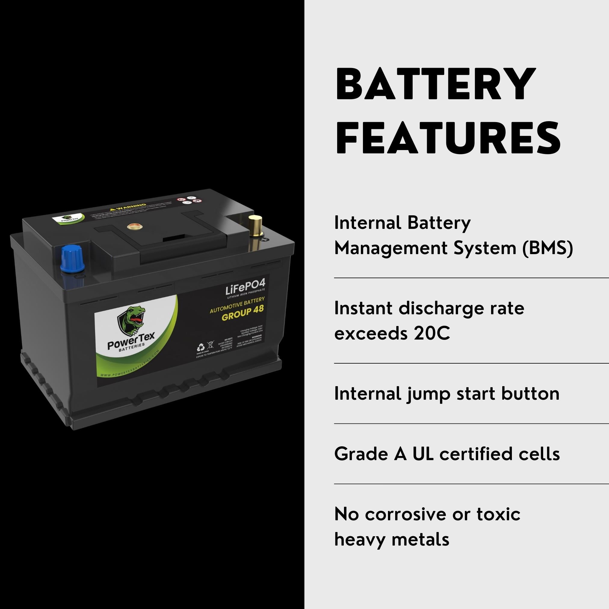 PowerTex Batteries BCI Group 48 / H6 Lithium LiFePO4 Automotive Battery