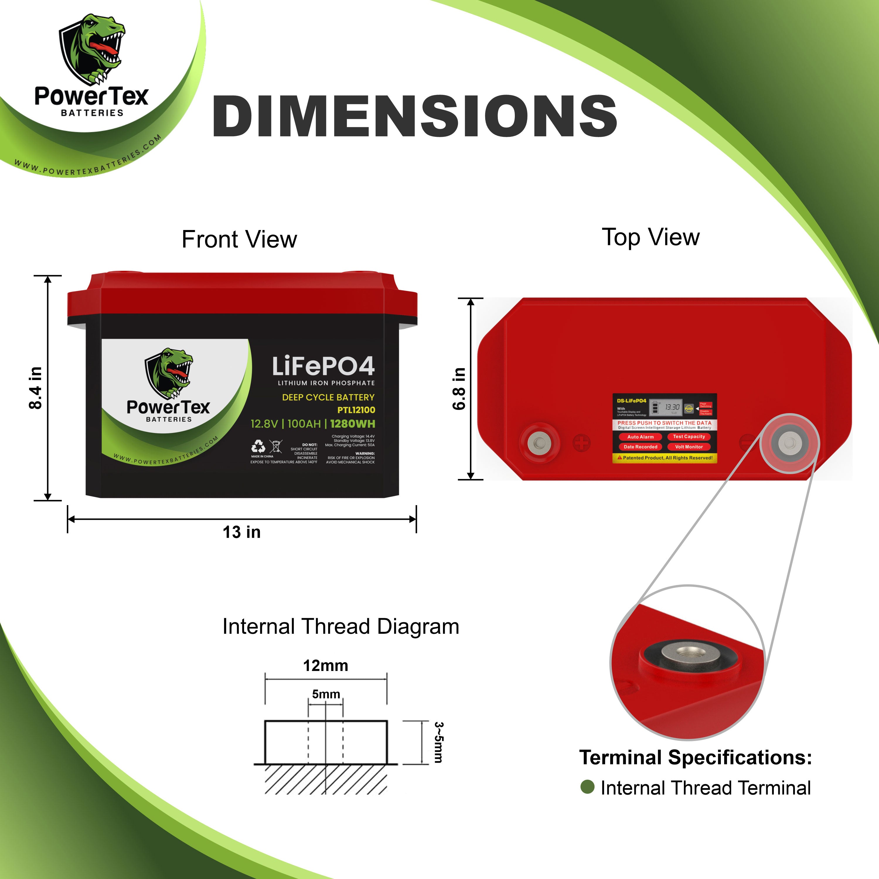 PowerTex Batteries 12V 100Ah LiFePO4 Lithium Iron Phosphate Battery