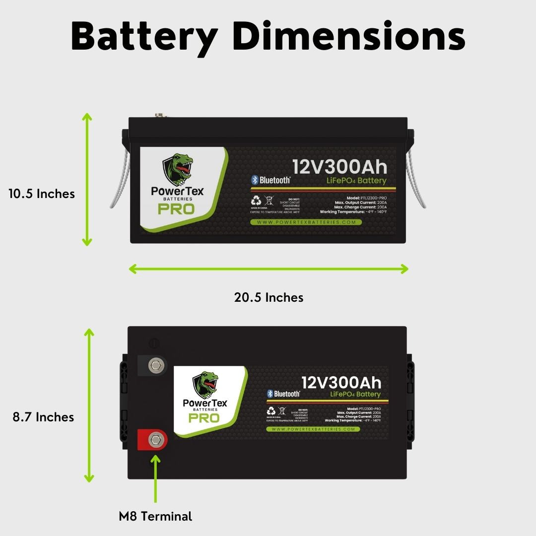 PowerTex Batteries PRO 12V 300Ah LiFePO4 Bluetooth Lithium Iron Phosphate Battery