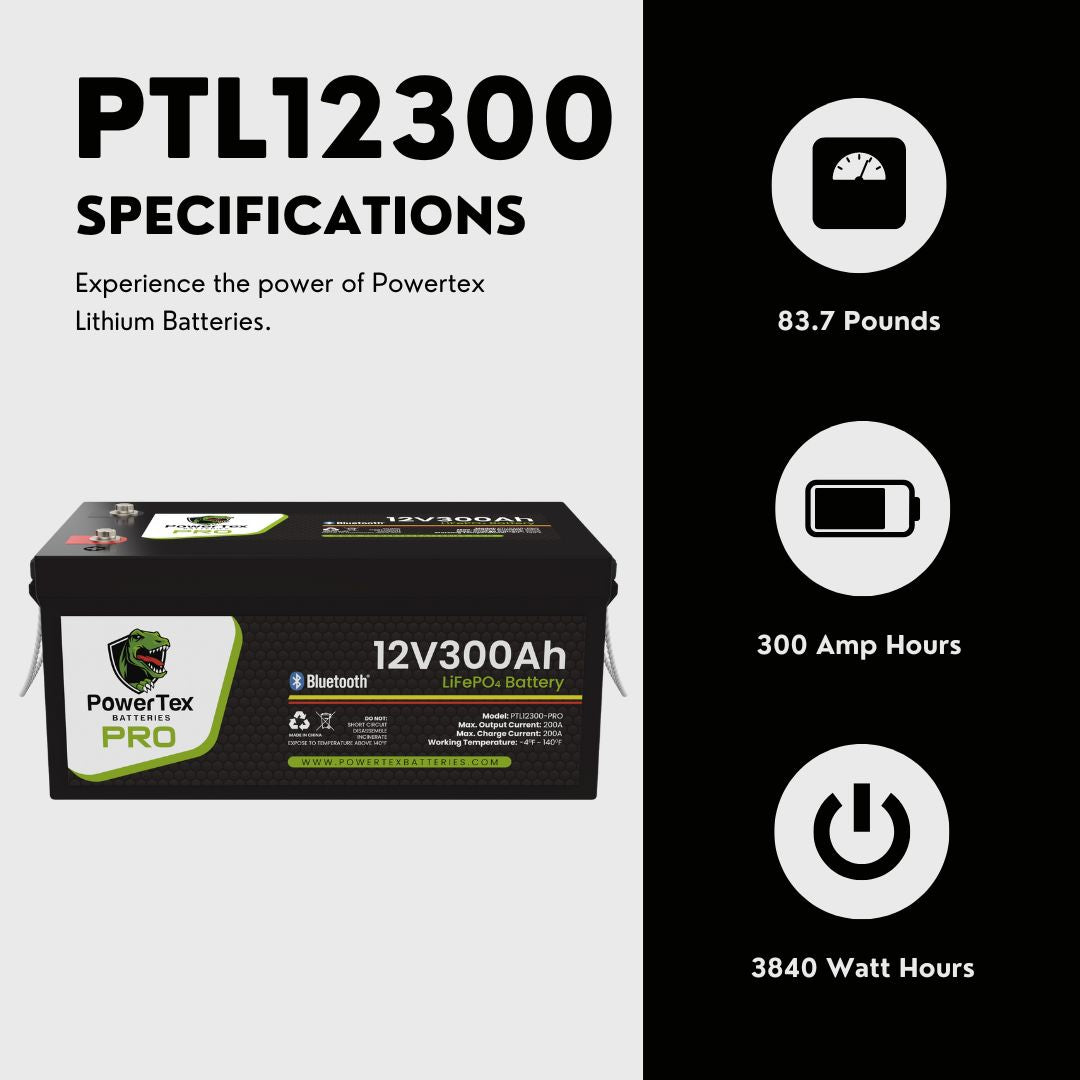 PowerTex Batteries PRO 12V 300Ah LiFePO4 Bluetooth Lithium Iron Phosphate Battery