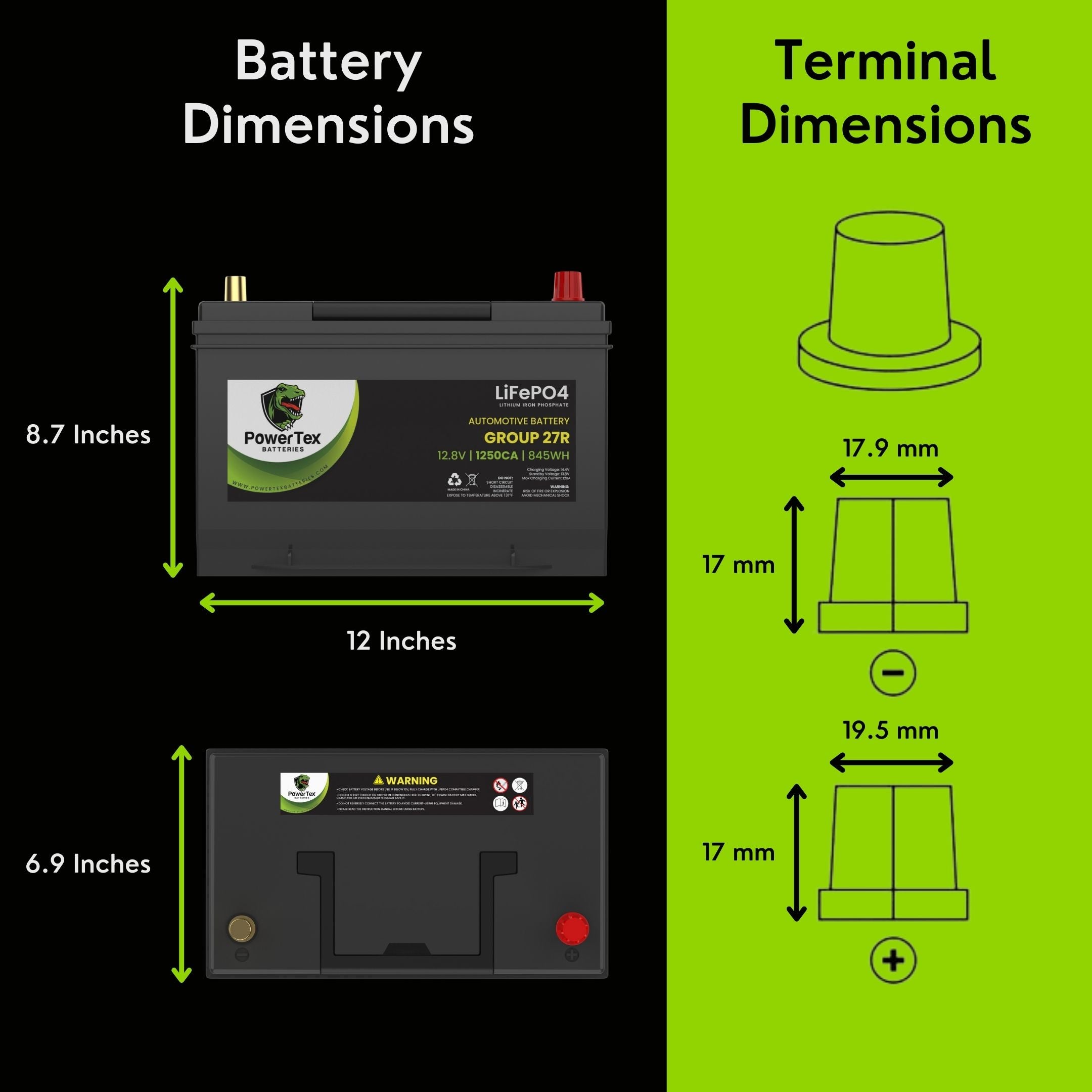 PowerTex Batteries BCI Group 27R Lithium LiFePO4 Automotive Battery