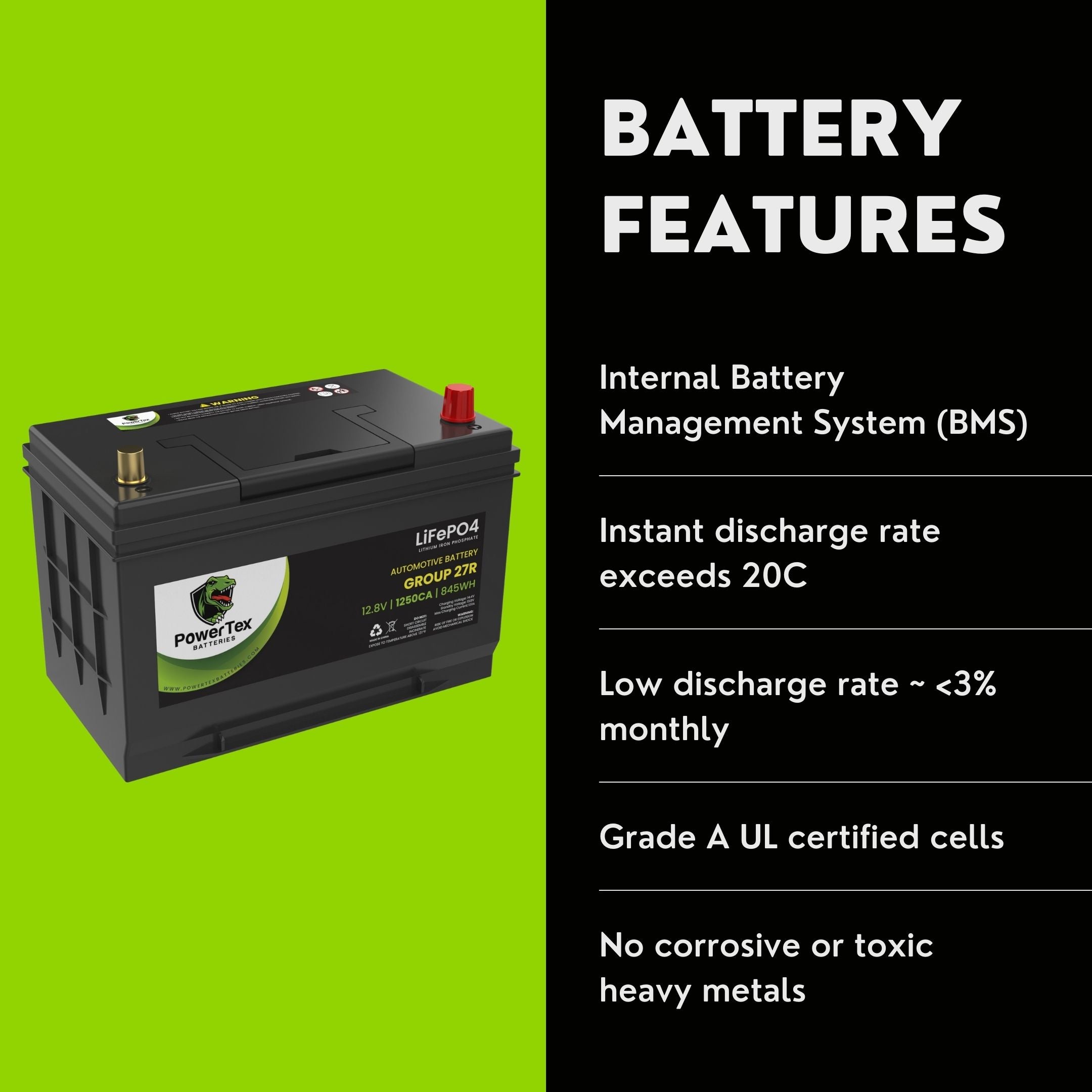 PowerTex Batteries BCI Group 27R Lithium LiFePO4 Automotive Battery