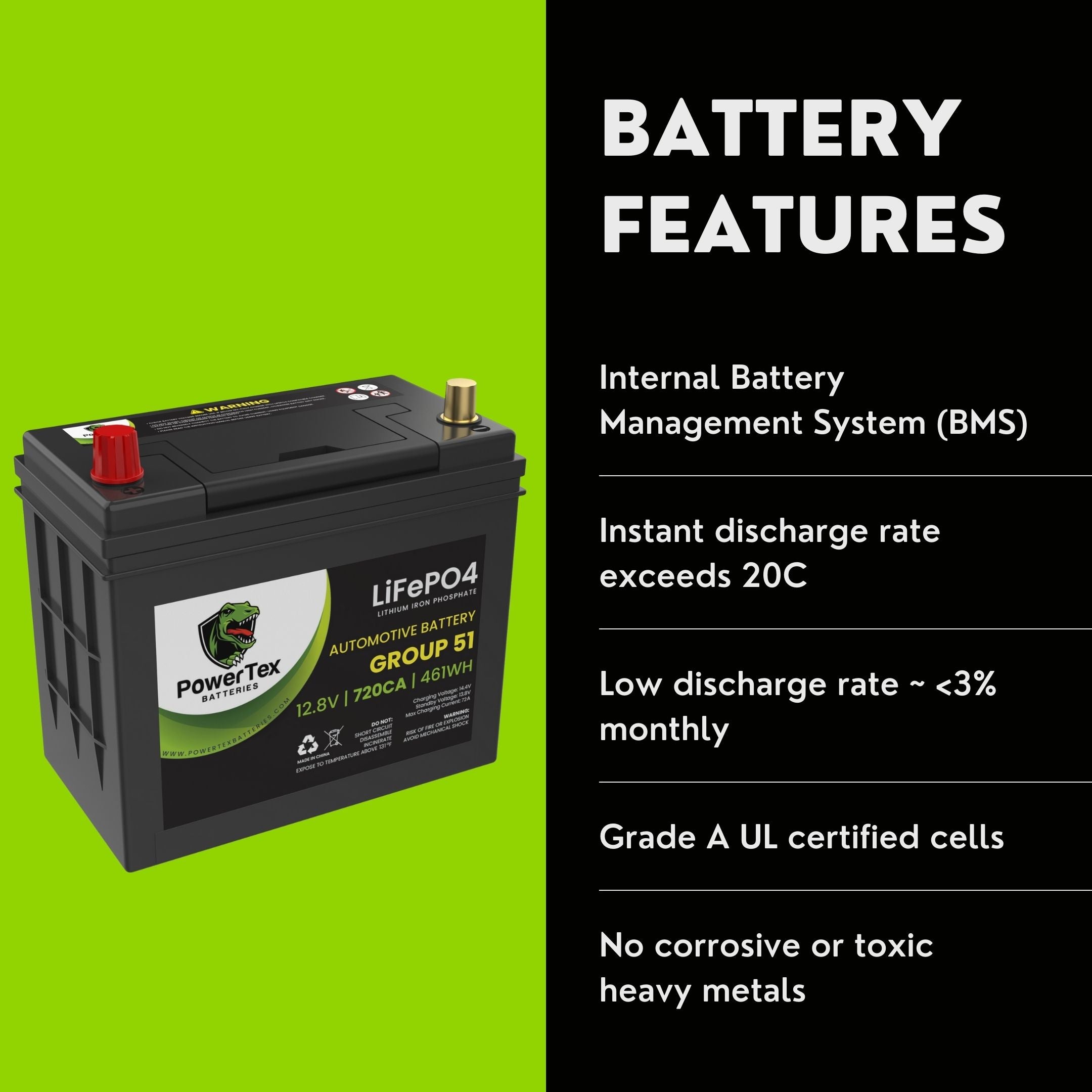 PowerTex Batteries BCI Group 51 Lithium LiFePO4 Automotive Battery