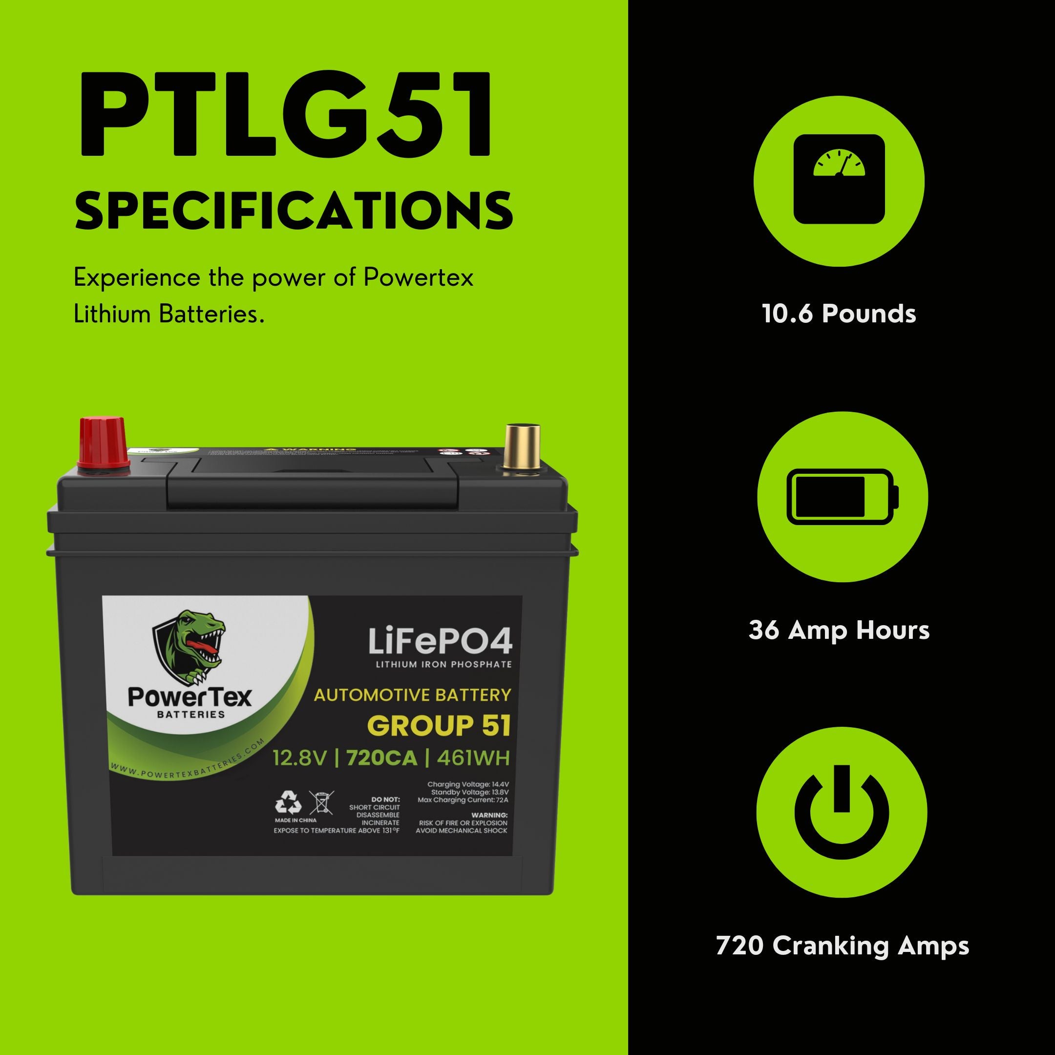 PowerTex Batteries BCI Group 51 Lithium LiFePO4 Automotive Battery