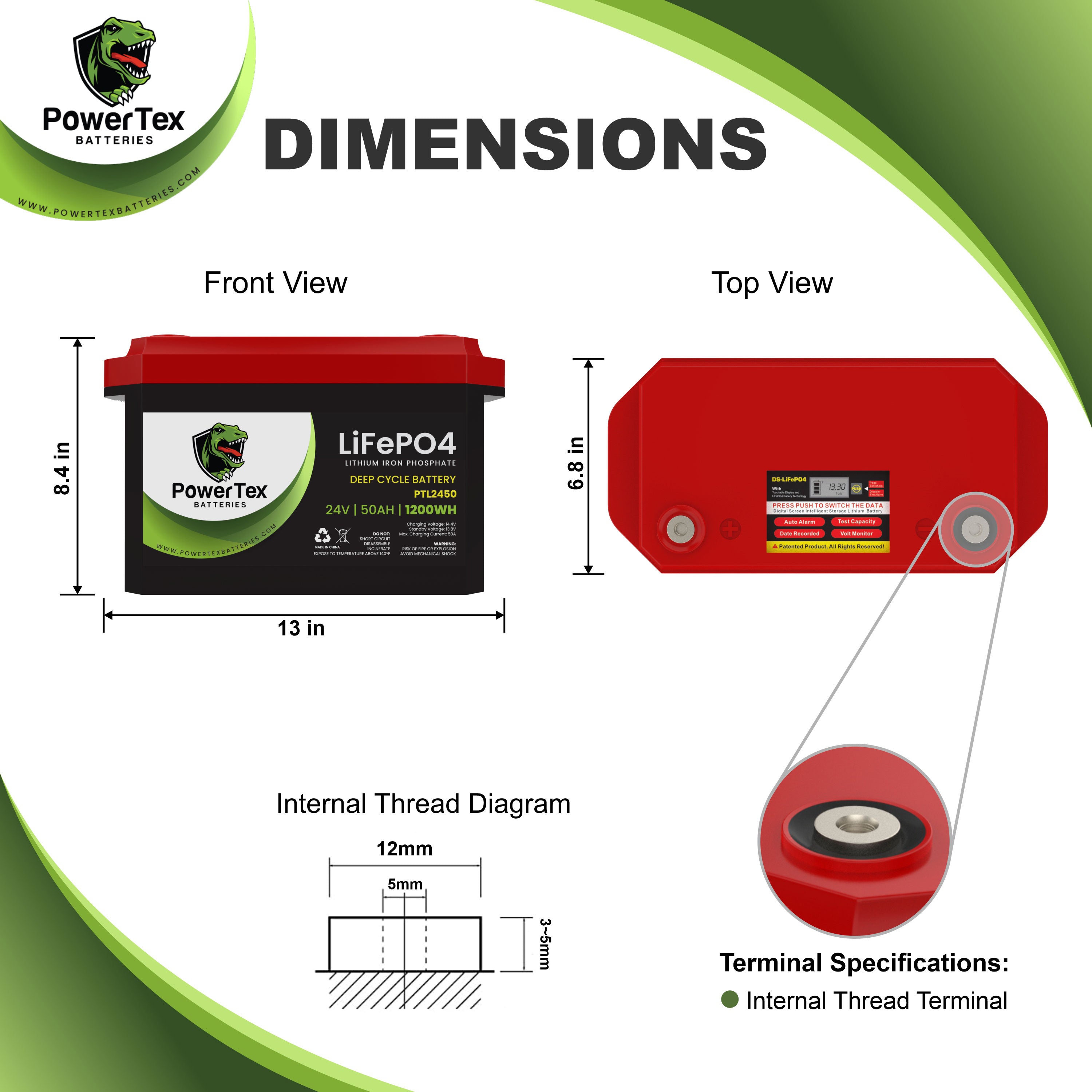 PowerTex Batteries 24V 50Ah LiFePO4 Lithium Iron Phosphate Battery