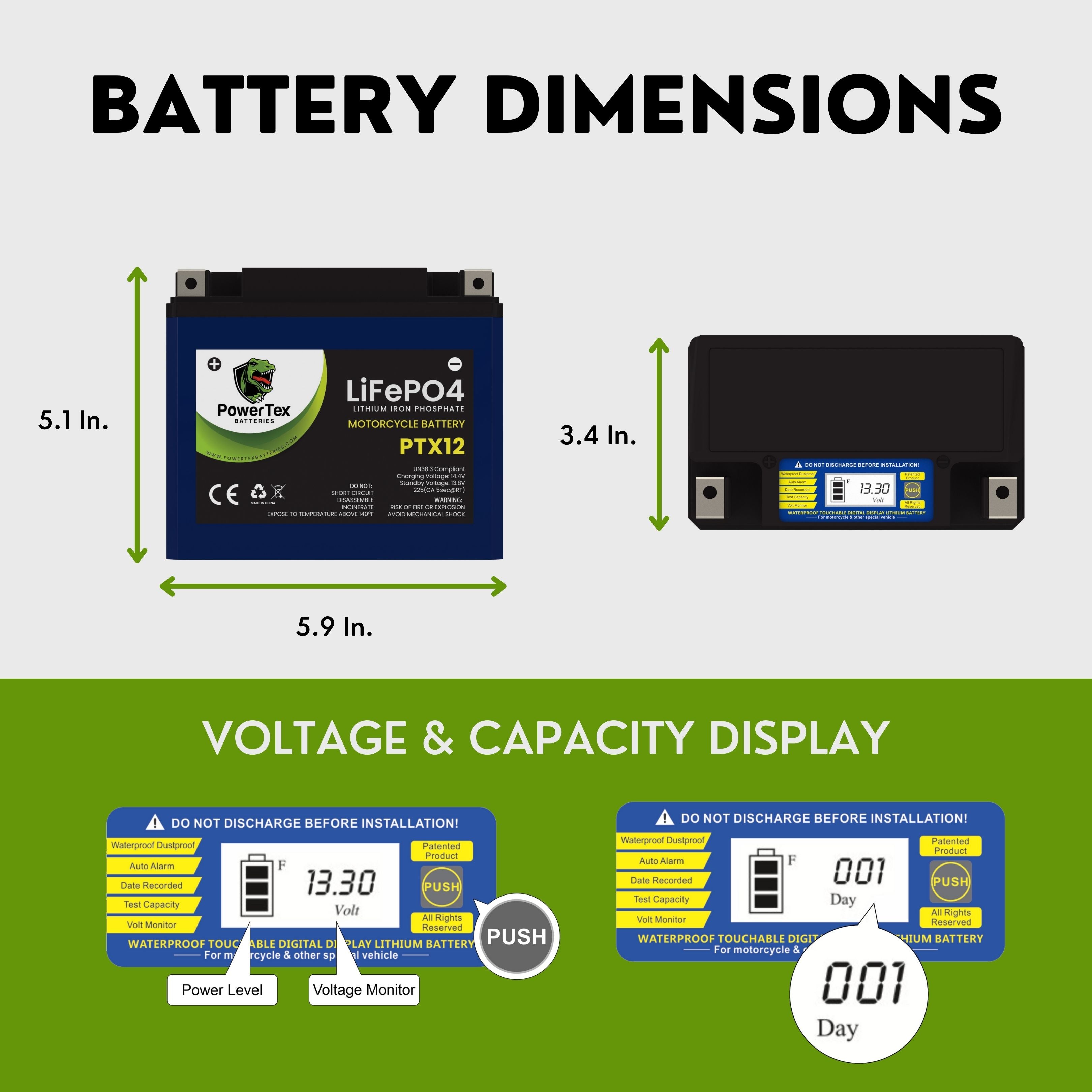 PowerTex Batteries YTX12-BS LiFePO4 Lithium Iron Phosphate Motorcycle Battery