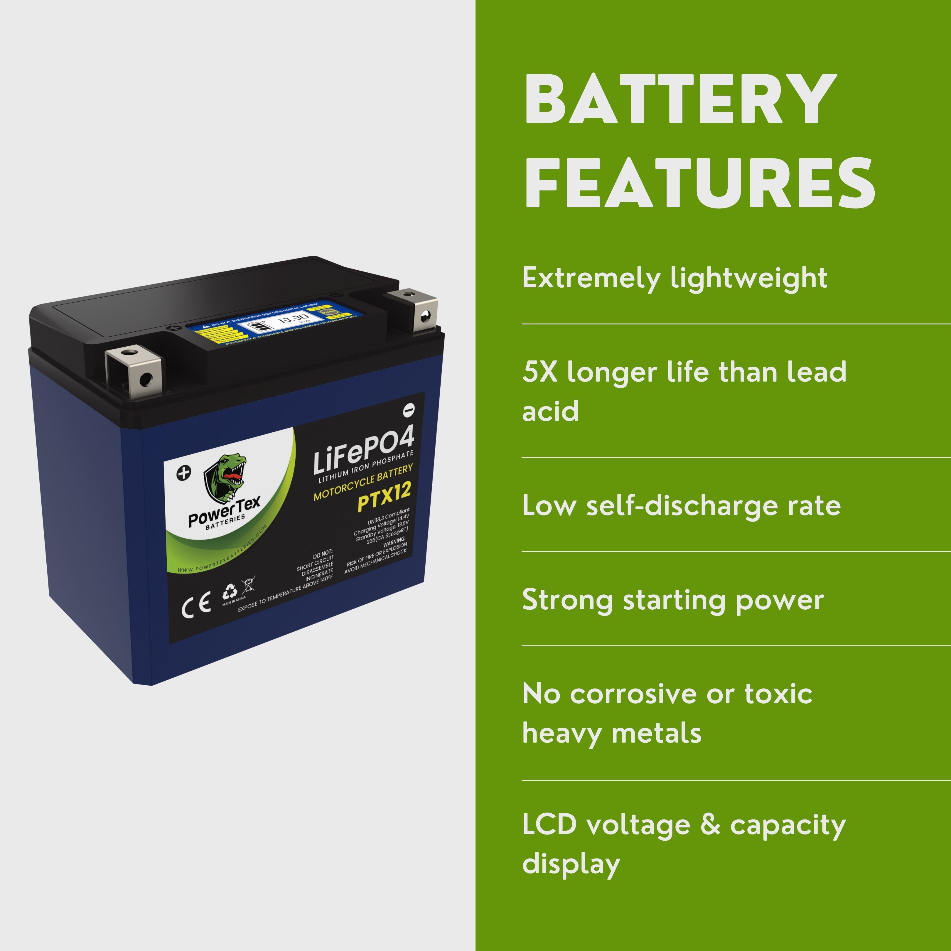 PowerTex Batteries YTX12-BS LiFePO4 Lithium Iron Phosphate Motorcycle Battery