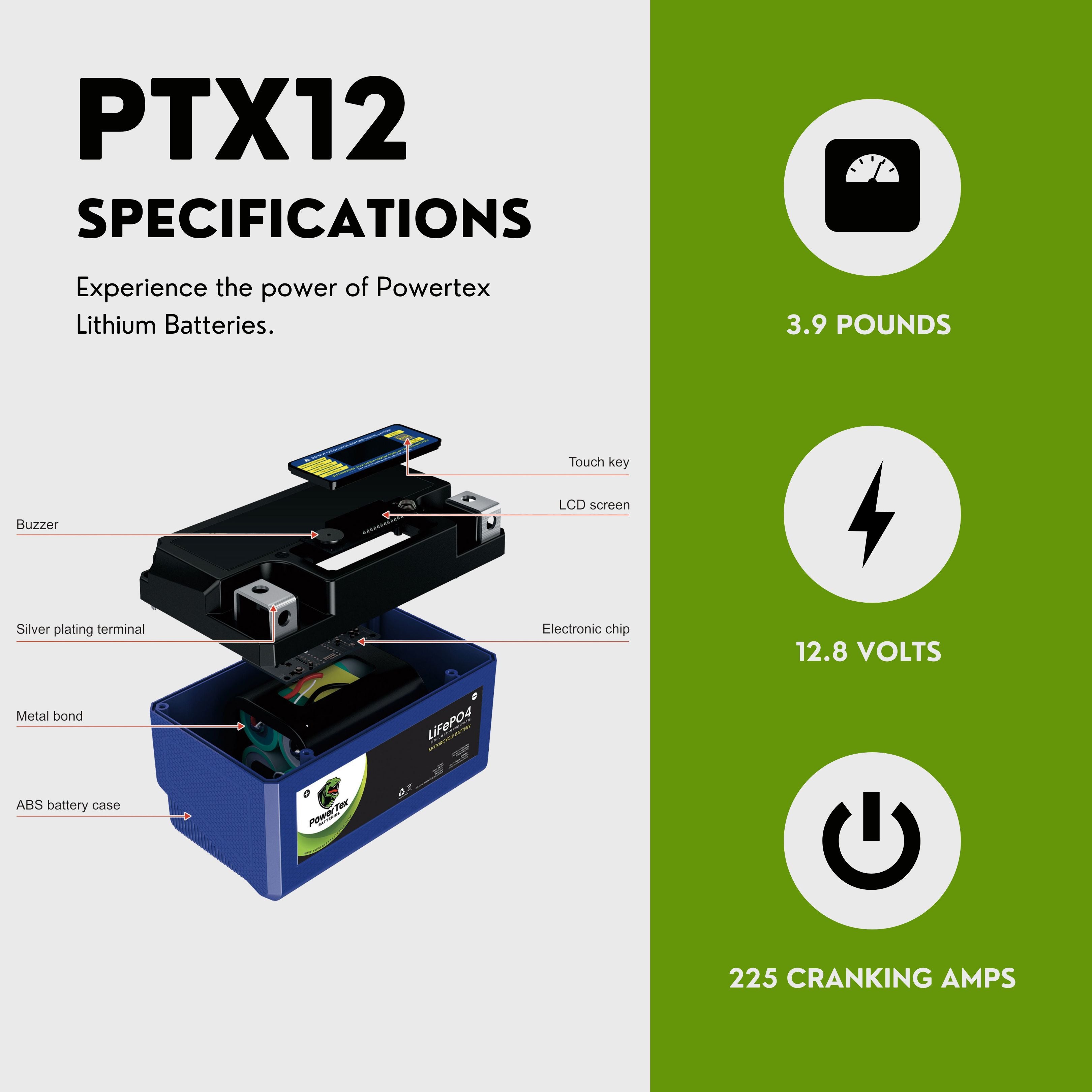 PowerTex Batteries YTX12-BS LiFePO4 Lithium Iron Phosphate Motorcycle Battery