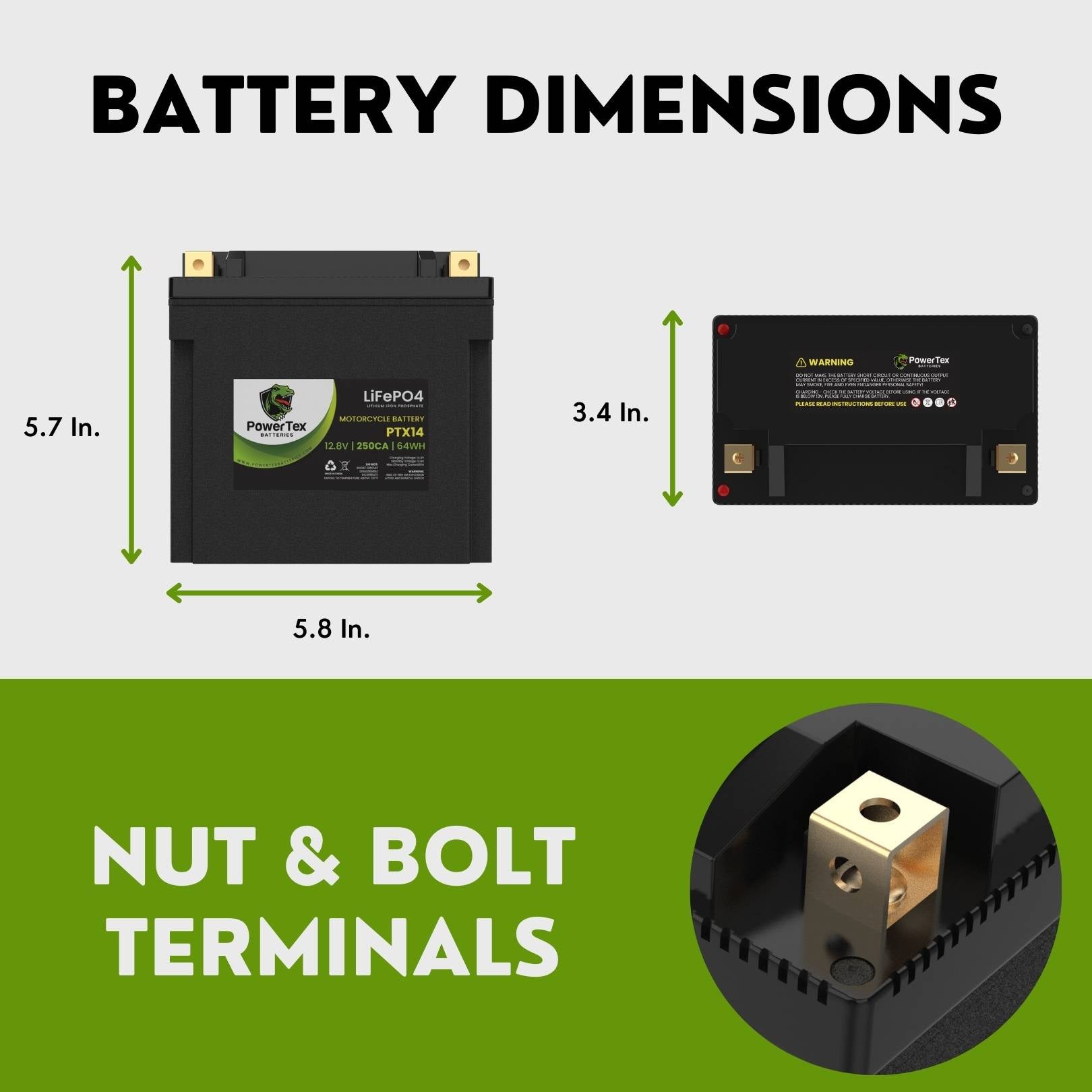 PowerTex Batteries YTX14-BS LiFePO4 Lithium Iron Phosphate Motorcycle Battery