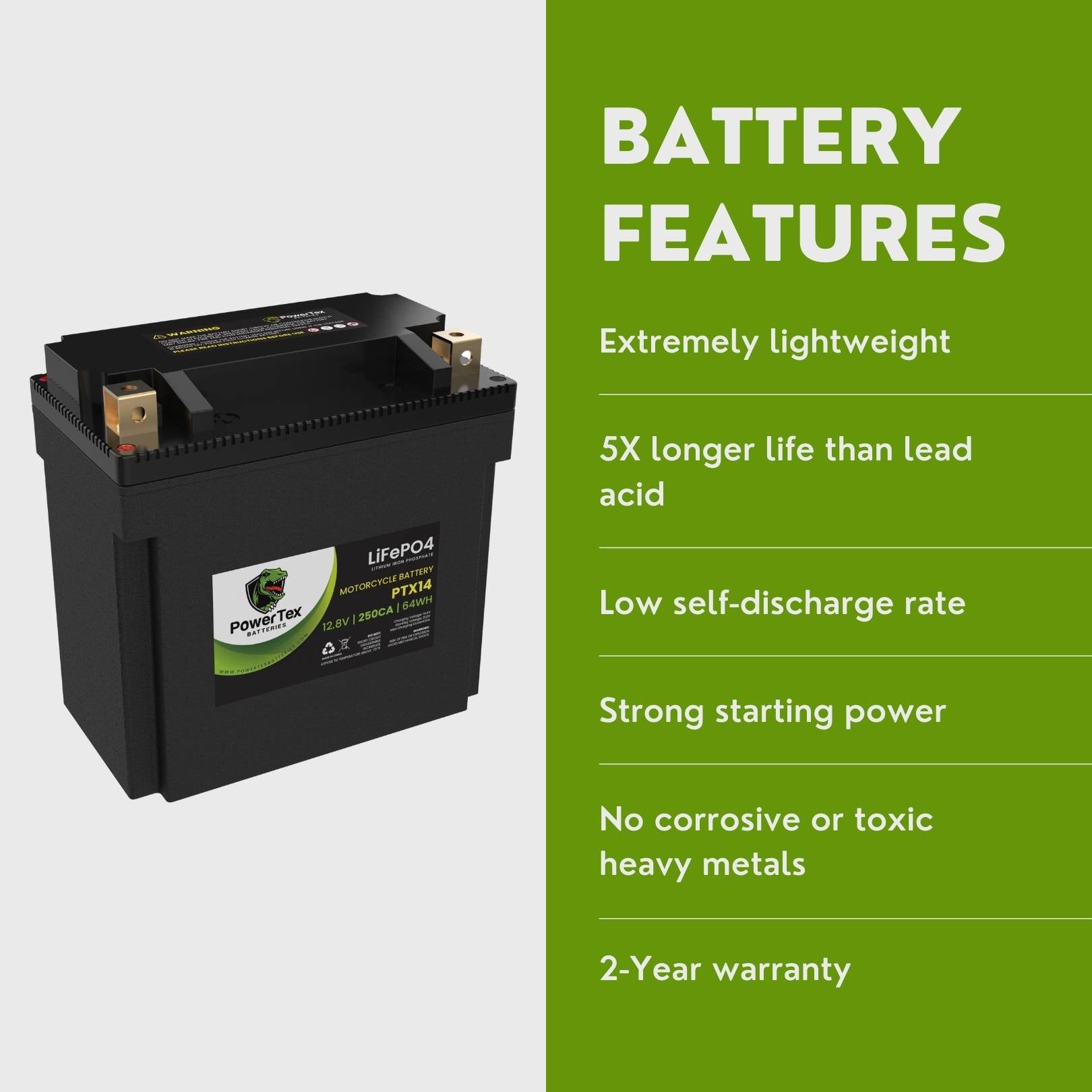 PowerTex Batteries YTX14-BS LiFePO4 Lithium Iron Phosphate Motorcycle Battery