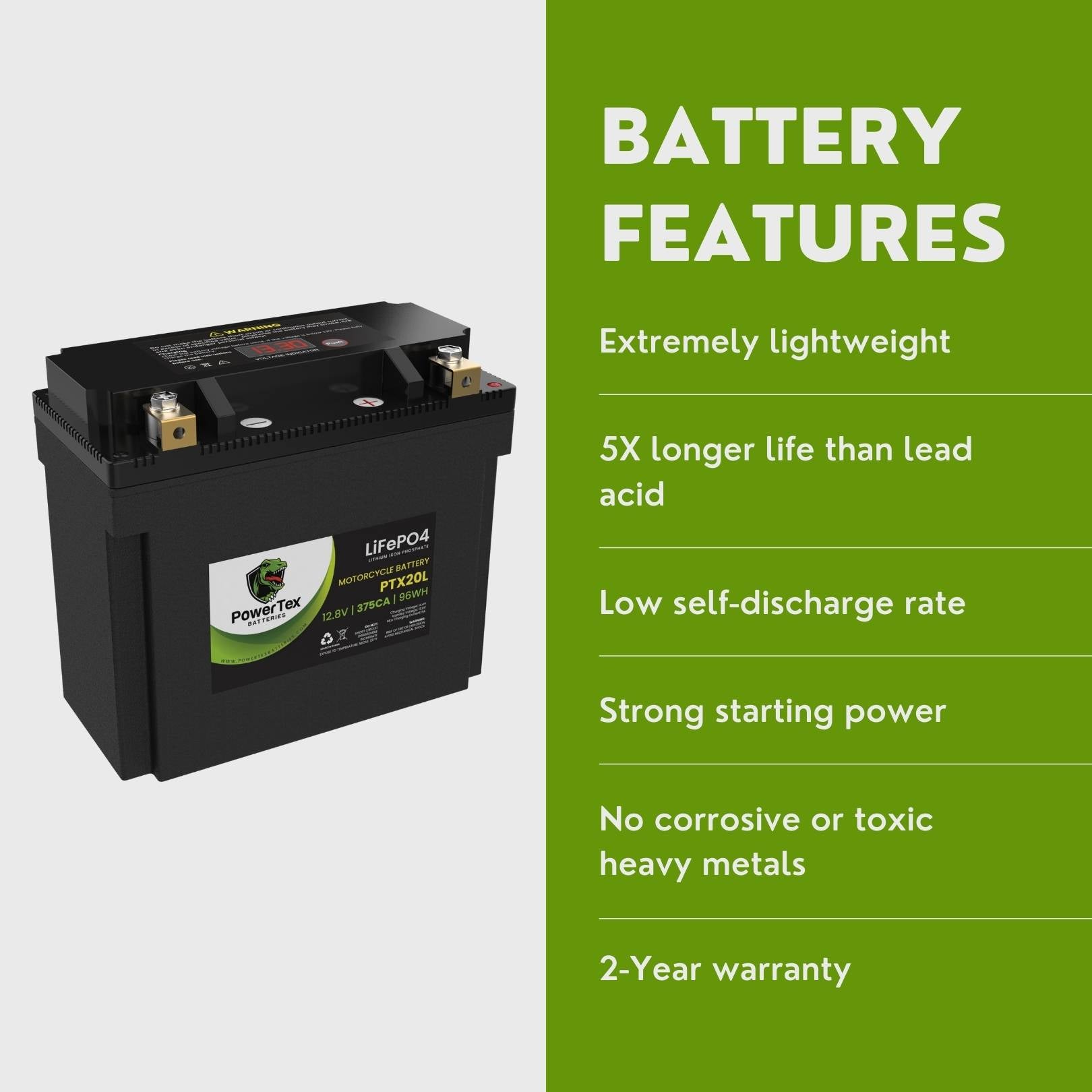 PowerTex Batteries YTX20L-BS LiFePO4 Lithium Iron Phosphate Motorcycle Battery