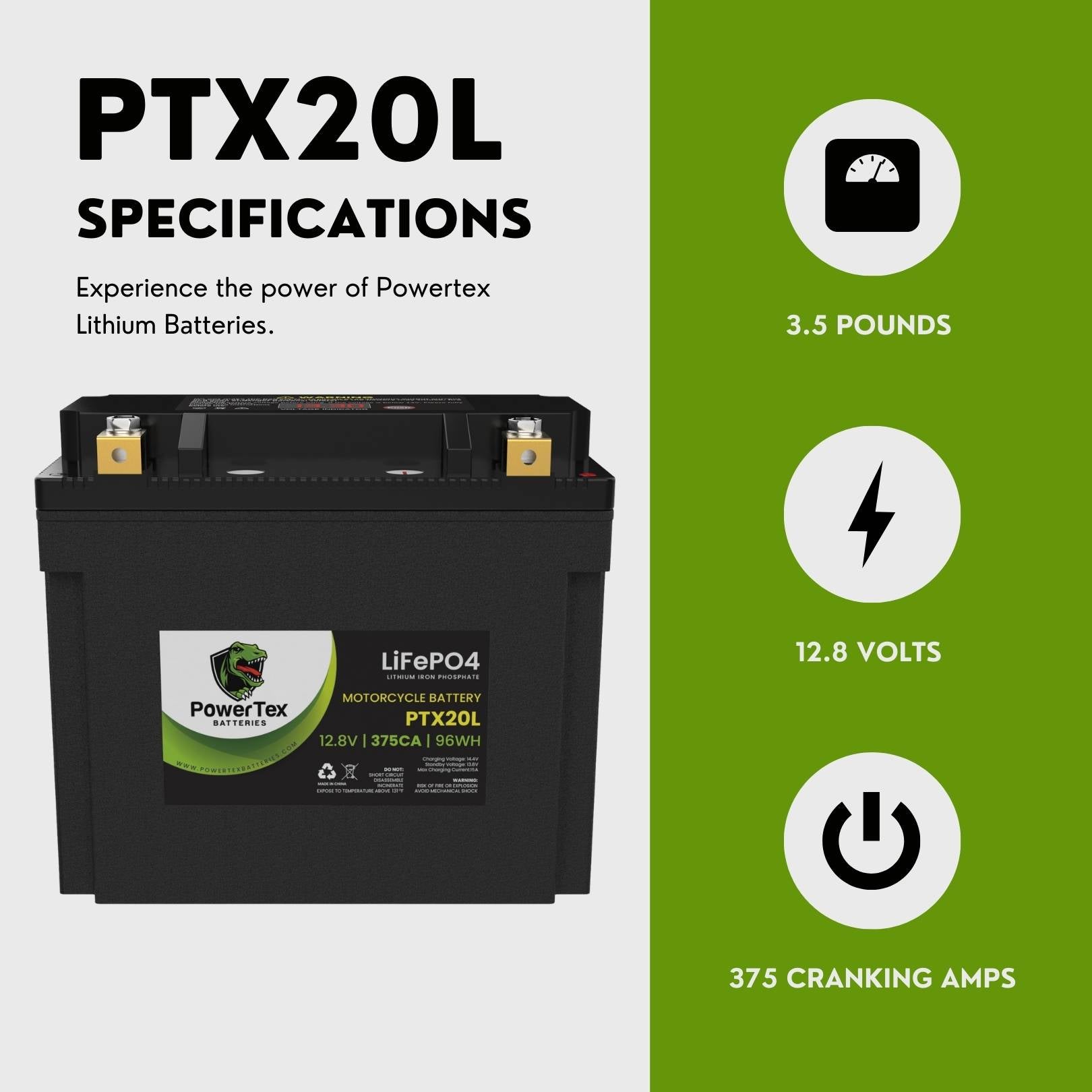 PowerTex Batteries YTX20L-BS LiFePO4 Lithium Iron Phosphate Motorcycle Battery