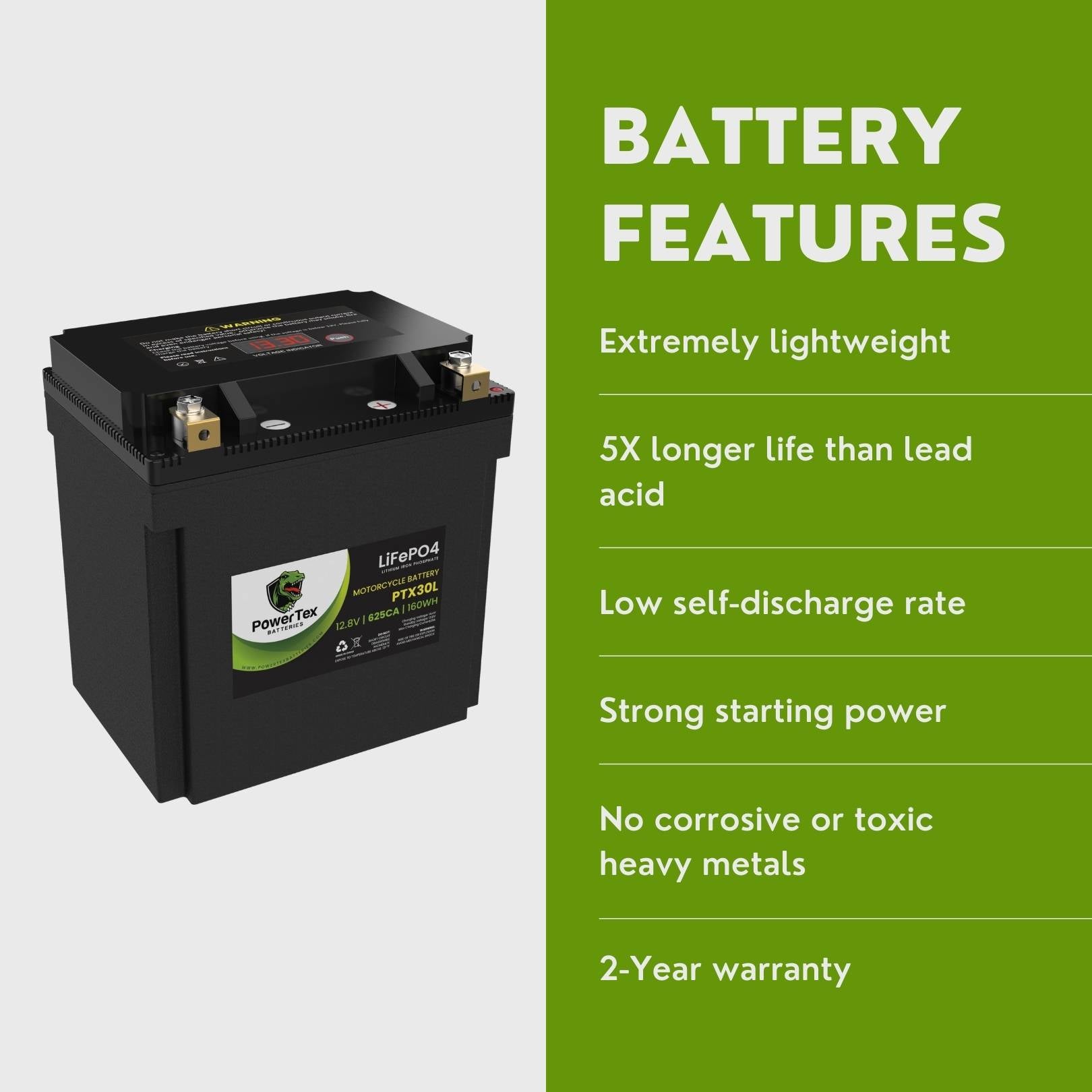 PowerTex Batteries YTX30L-BS LiFePO4 Lithium Iron Phosphate Motorcycle Battery