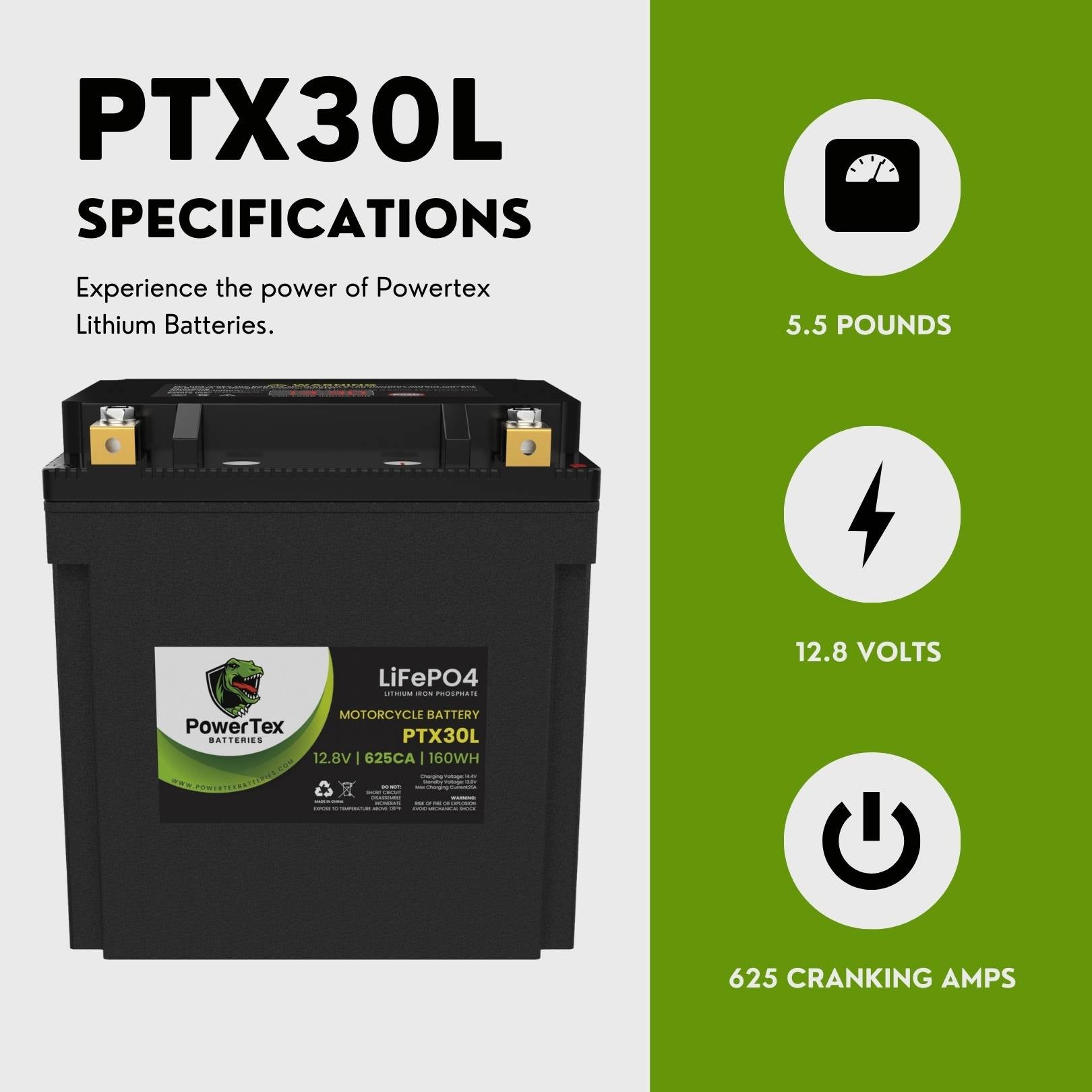 PowerTex Batteries YTX30L-BS LiFePO4 Lithium Iron Phosphate Motorcycle Battery